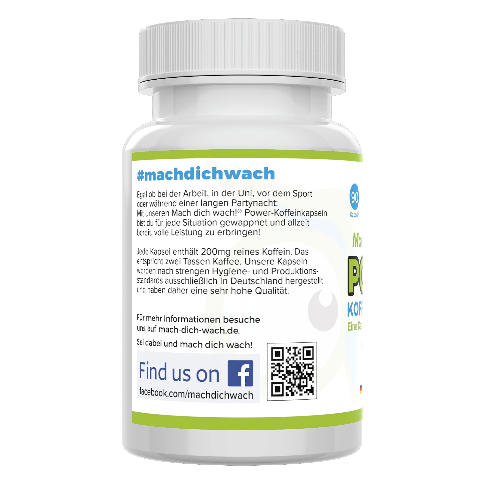 Koffein Kapseln - hochdosiert 200 mg - Produktion in Deutschland - bioaktiv & vegan - ohne Zusatzstoffe & laborgeprüft - kleine Kapseln statt Koffeintabletten - für Konzentration - Mach dich wach!®