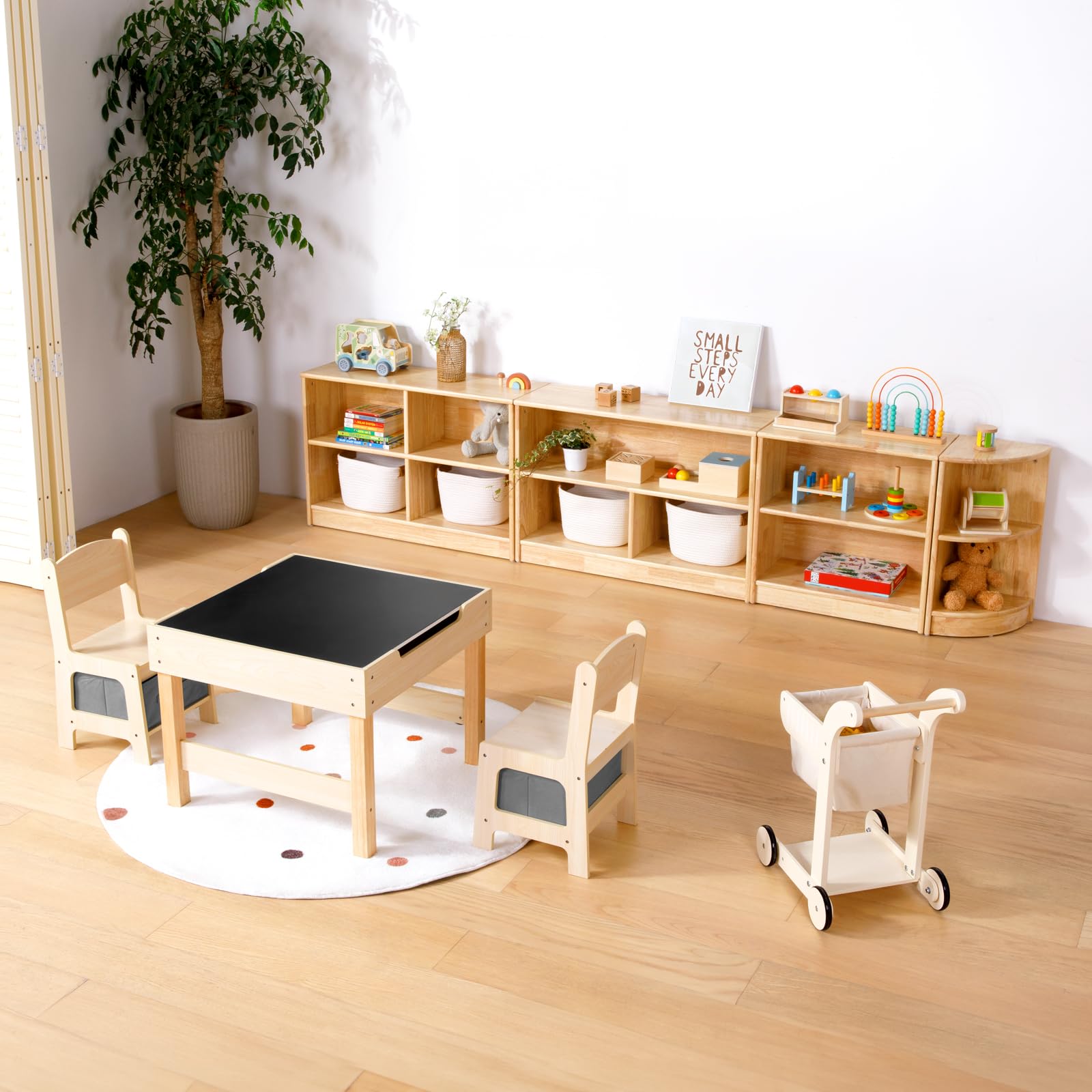OOOK Estantería infantil de madera de goma, para juguetes, con 2 compartimentos grandes y 3 compartimentos pequeños, estantería para habitación infantil, sala de juegos y guardería, 90 x 30 x 60 cm