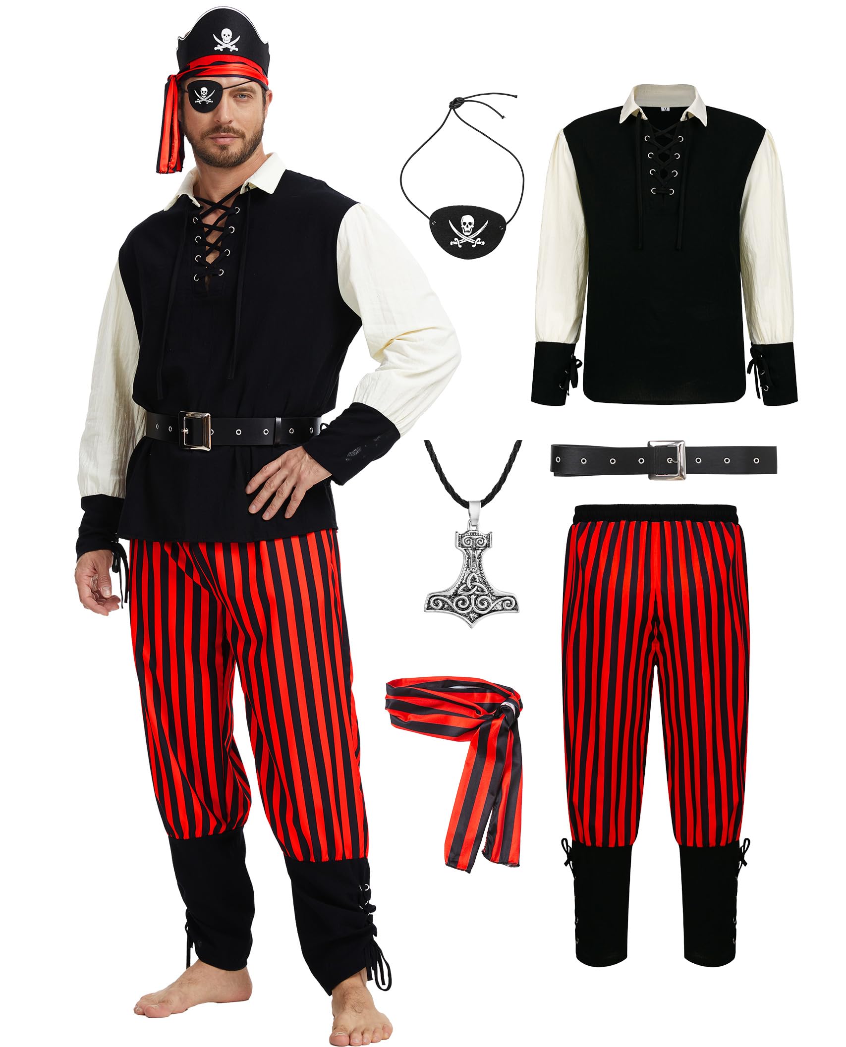MIQEBX 6 PCS Men's Pirate Costume Set Medieval Shirt Trousers Bandana Belt, Pirate Outfit for Halloween Carnival Party (White+Black, S)
