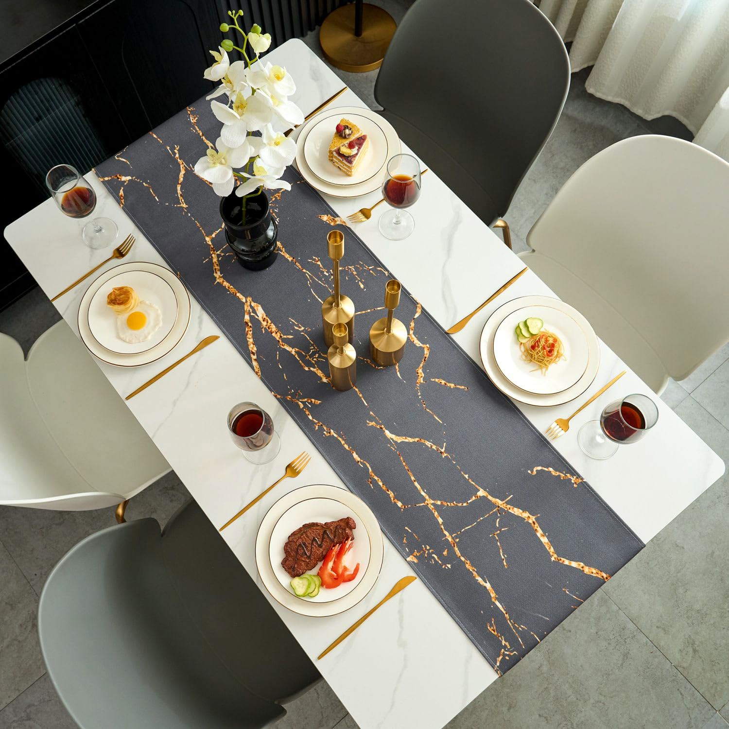 Jayusaror Table Runner Grey and Gold Modern Dining Table Centrepiece Marble Textured Abstract Art Washable Farmhouse Small Table Runner for Coffee Dining Dresser End Table Bedroom 33 x 183 cm - Image 4