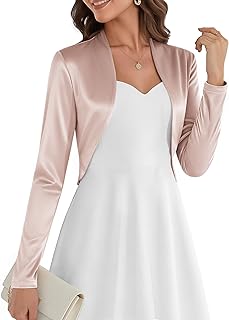 Belle Poque Women Long Sleeve Bolero Shrug Open Front Satin Jacket Ruffled Shrugs for
