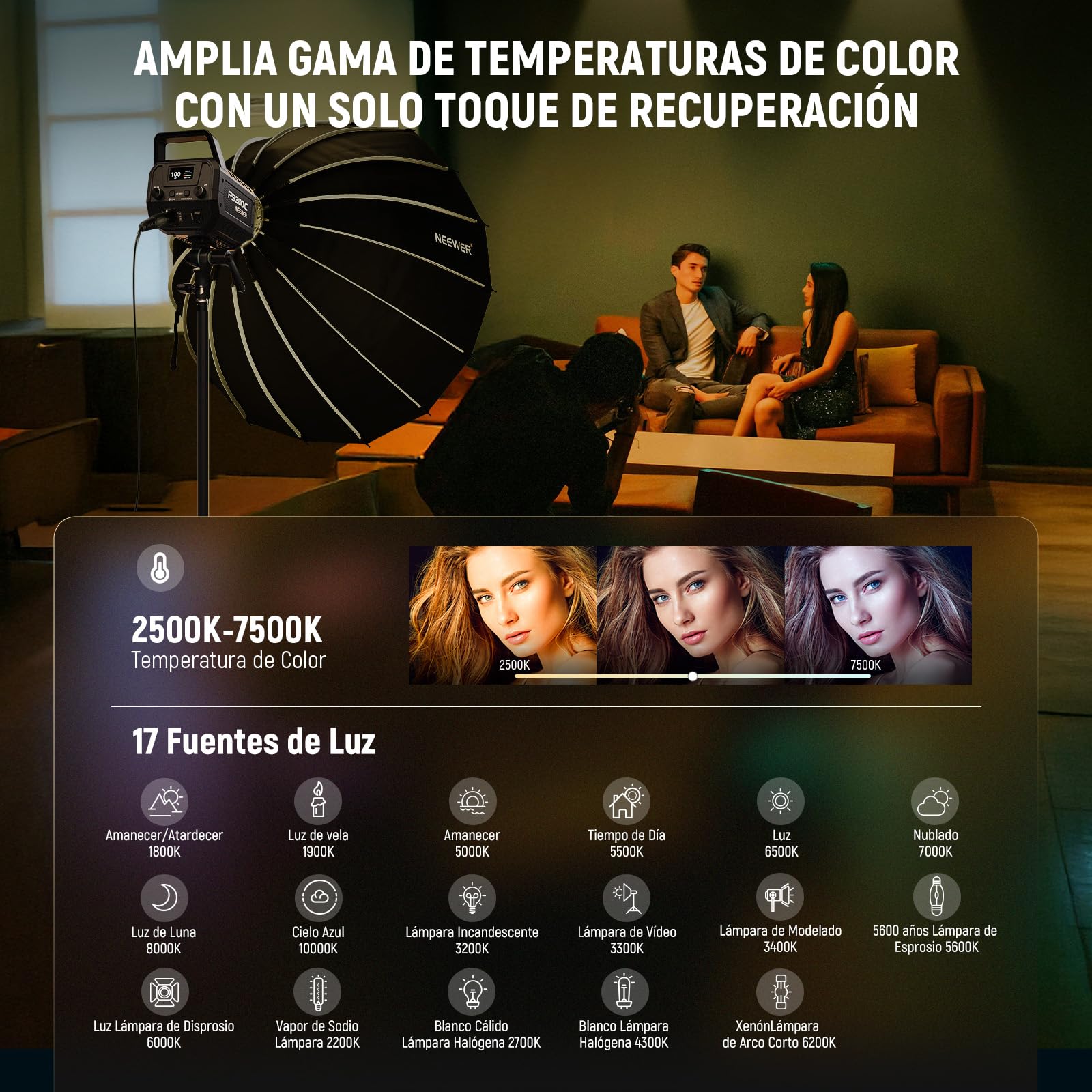 NEEWER 300W RGB Luz Vídeo LED App/2.4G Control 17 Efecto 2500-7500K 29000lux/1m COB Iluminación Salida Continua CRI95+/TLCI97+ 4 Curvas Atenuación Foco Bowens Mount para Fotografía de Estudio,FS300C