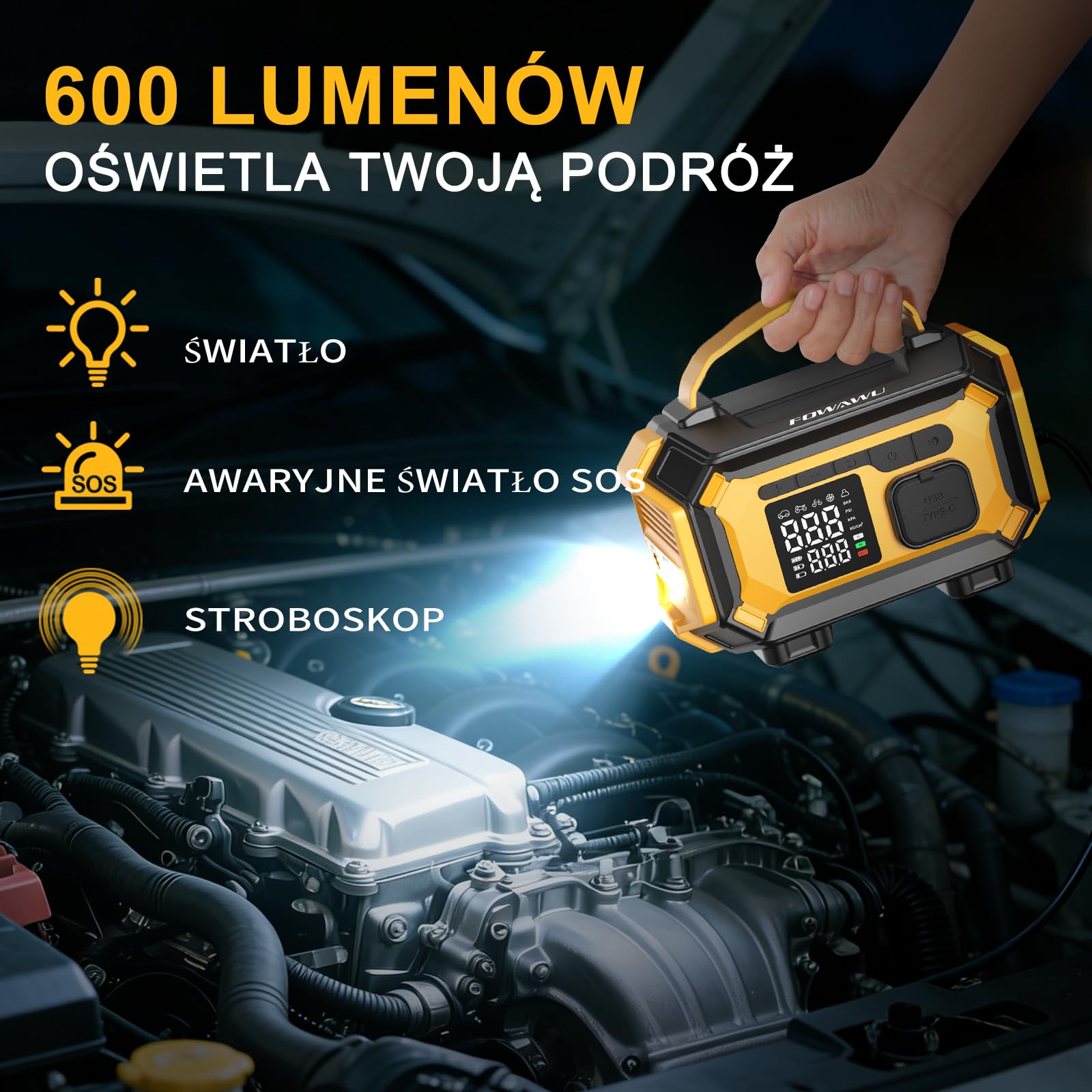 FOWAWU Rozrusznik Awaryjny, 8000A Booster Powerbank | wszystkie benzyna, diesel do 10L, kompresor 150PSI, 4 końcówki, 3 tryby LED, powerbank – idealne na podróże i zimowe rozruchy