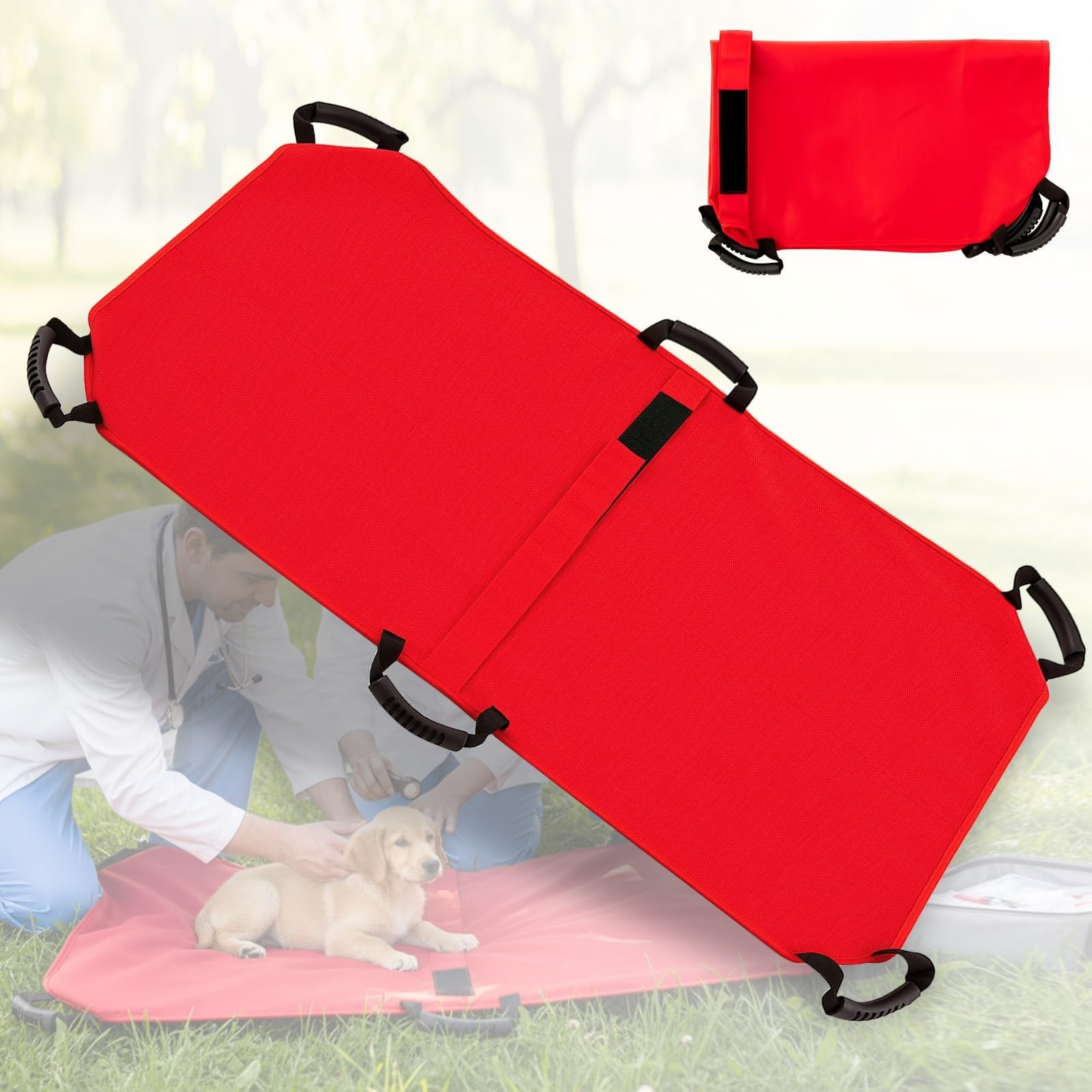 SGKOMN Transport Stretcher for Large Dogs with 6 Handles 47" L X 29" W Animal Folding Emergency Transport Carrier with Safety Strap, Max 250lbs, Red