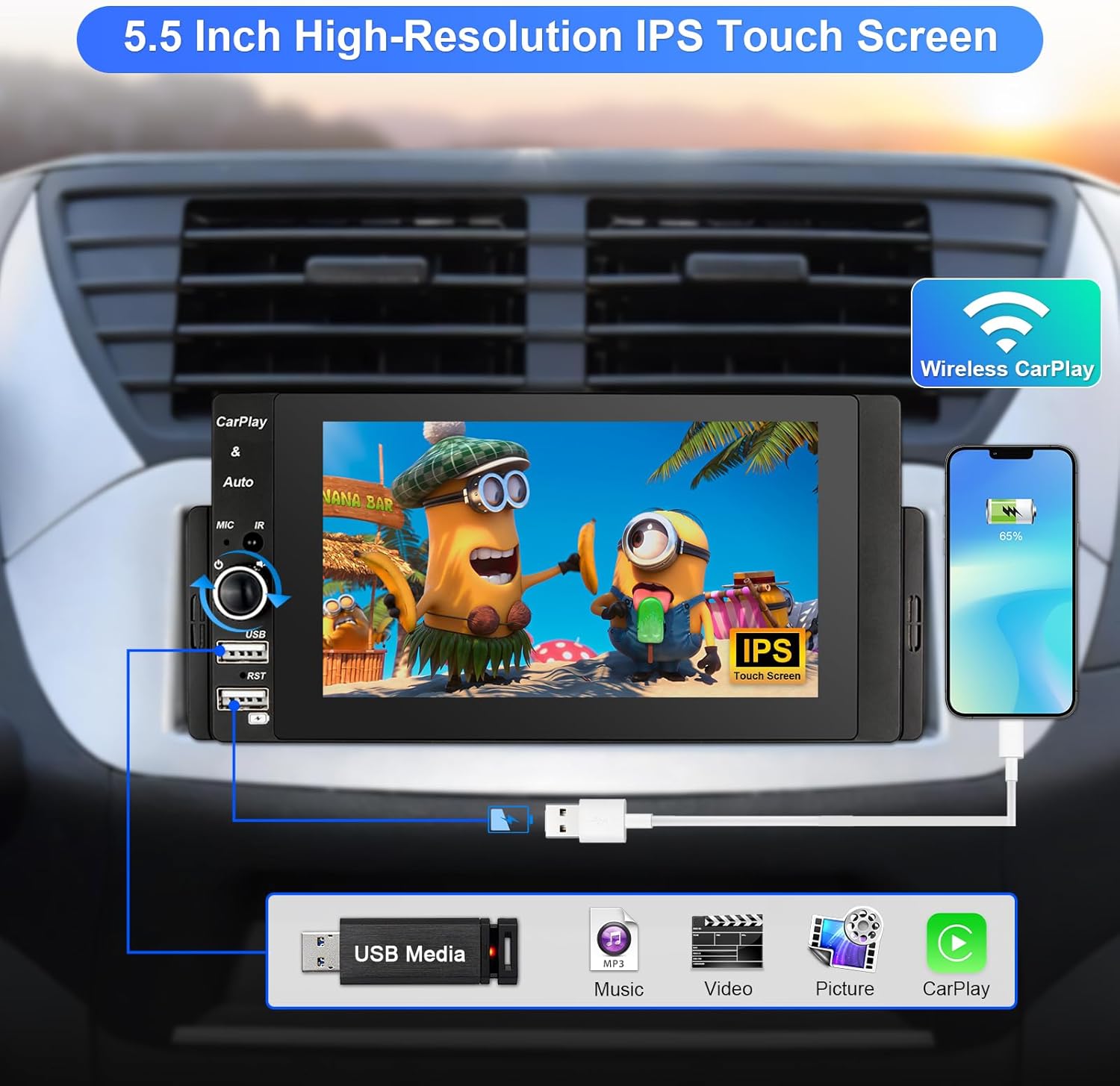 Car stereo screen showing USB media playback options for music, video, and pictures.