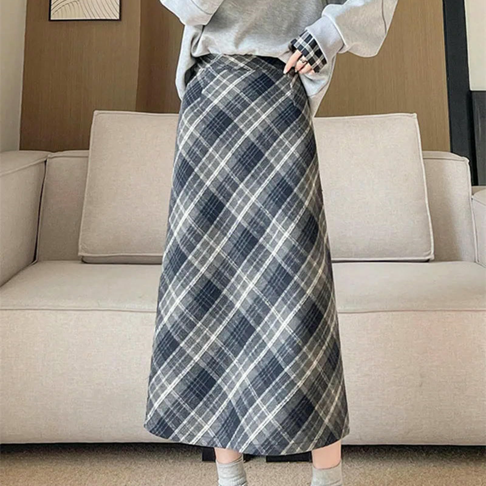 Gonna Lunga Gonne Scozzesi Vintage Donna Autunno Inverno Divisa A Vita Alta Trapezio Contrasto Streetwear Femminile-Kaki Normale-XL