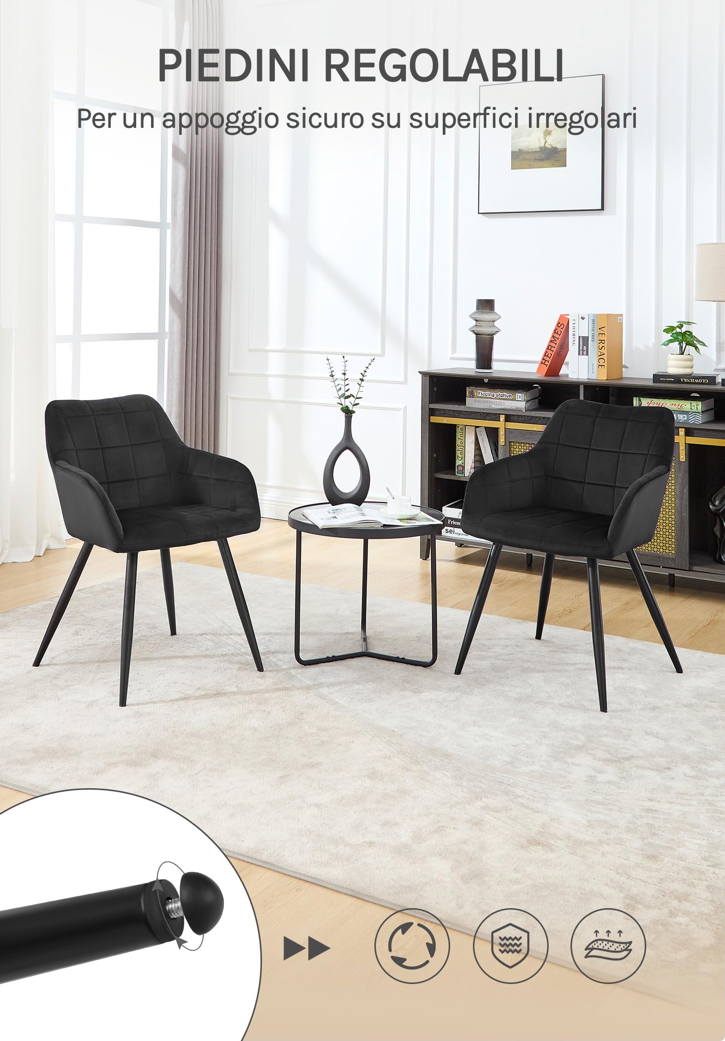 WOLTU Sedia per Sala da Pranzo Imbottita, Poltroncina in Velluto,Sedia da Cucina con Braccioli e Schienale, Gambe in Metallo, moderne,Nero,