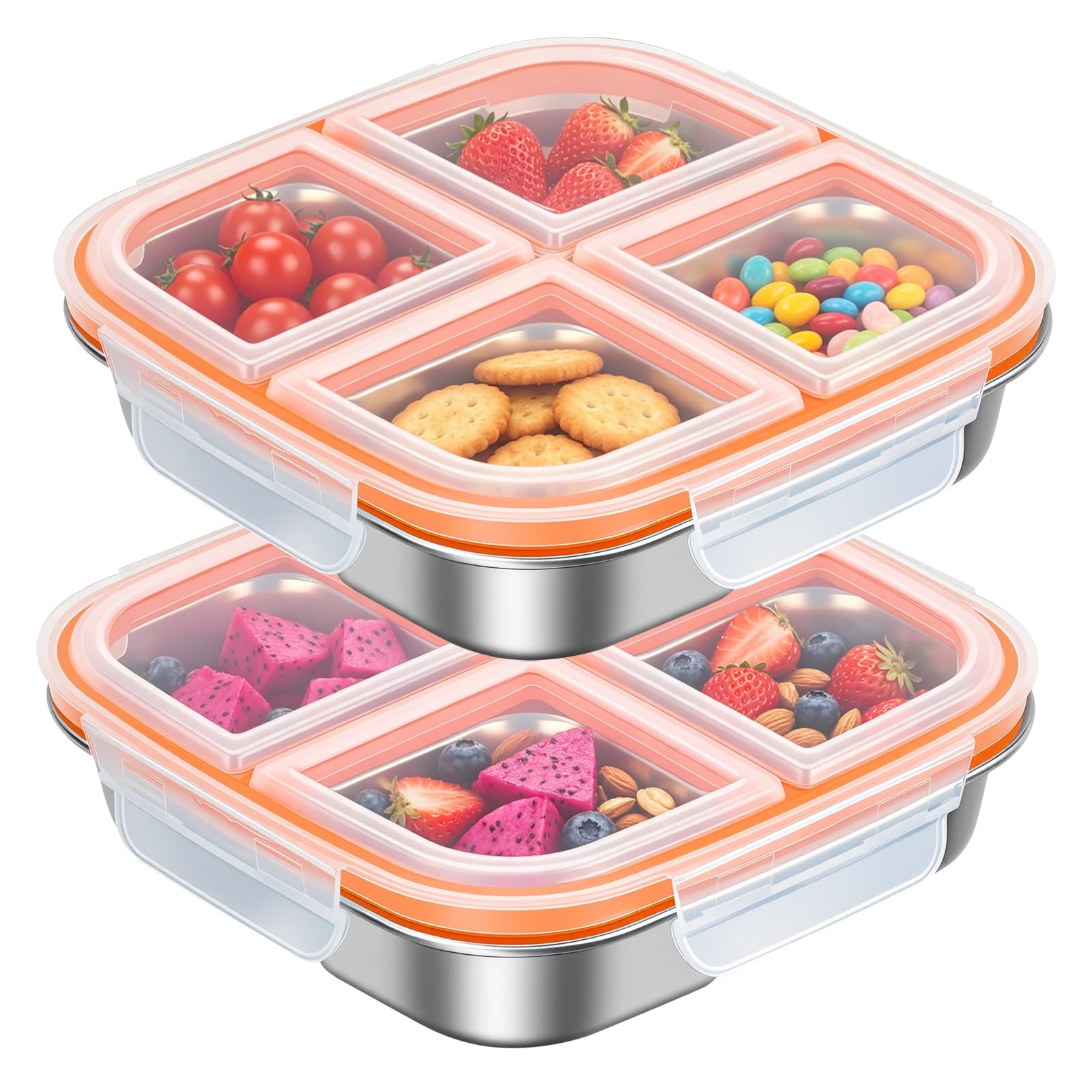 Stainless Steel Snack Containers with Lids,4 Compartments Stainless Steel Lunch Box,Reusable Meal Prep Lunch Containers for Adults, Divided Food Storage Containers for School, Home,Work &Travel