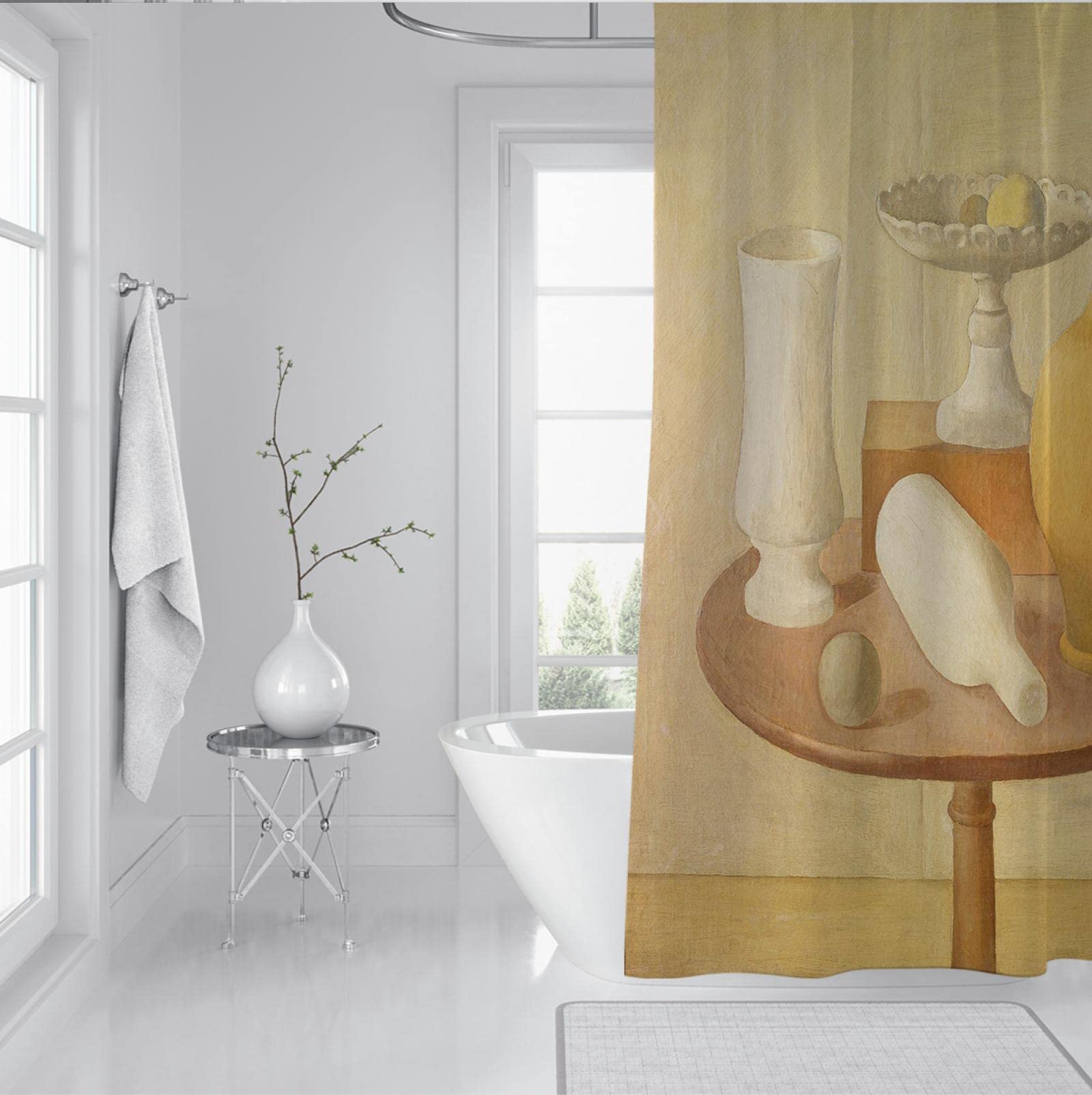 Juego de Cortina de Ducha con Ganchos Giorgio Morandi Cubismo Estilo cubismo Cortina de baño Tela de poliéster Soft Condo Decoración de baño W160xL200cm