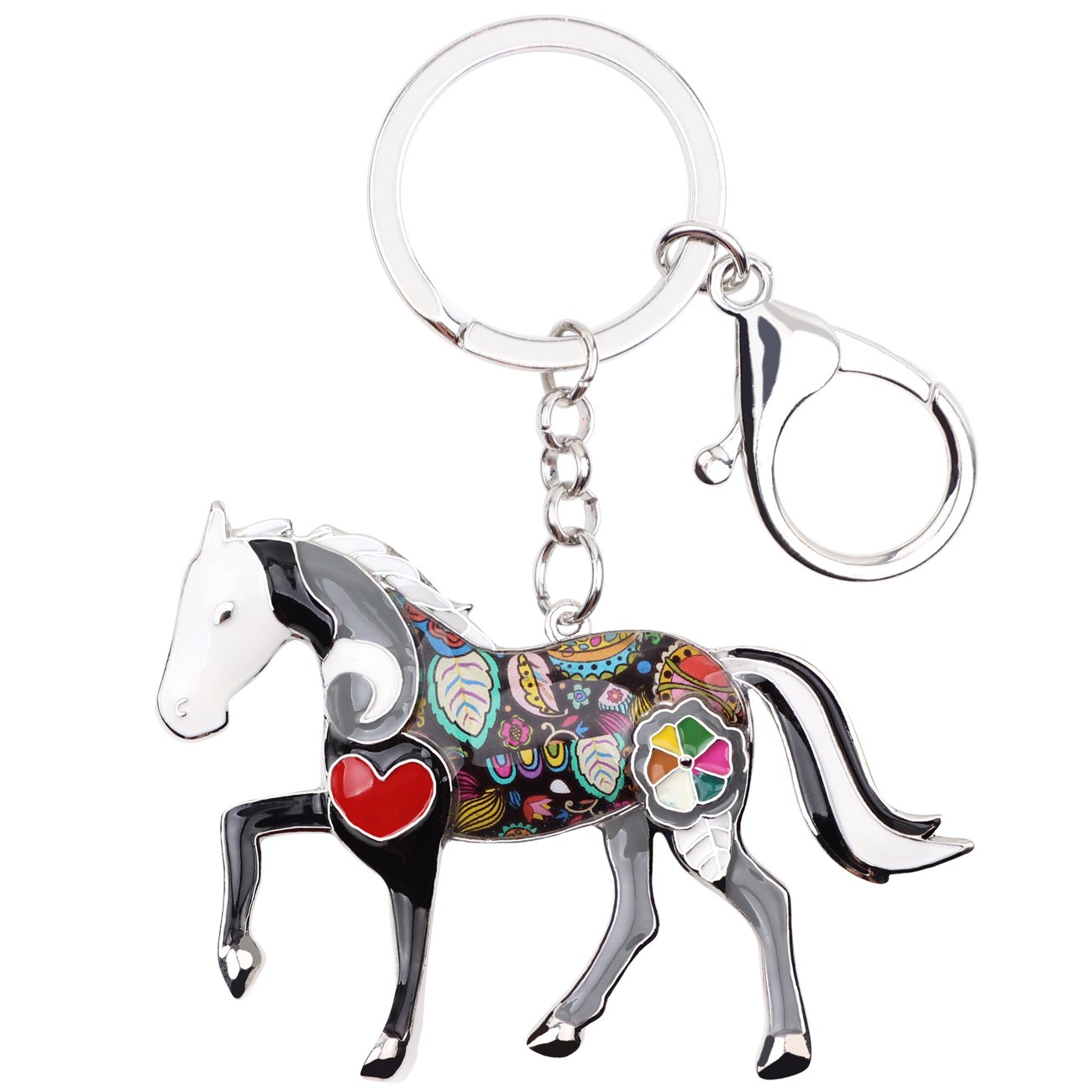 DOWAY Enamel Floral Horse Keychain Pendant for Bag Purses Keyring Women Men Car Key Gift - black - Medium