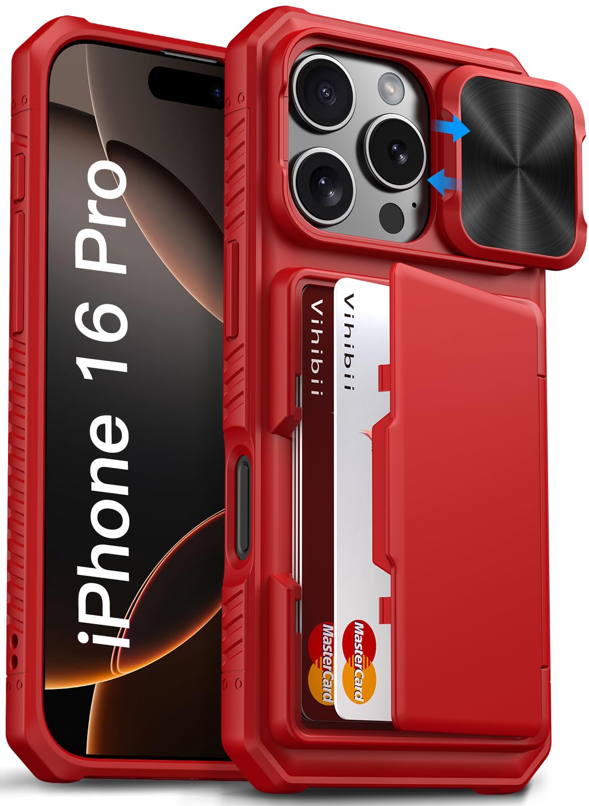 Vihibii for iPhone 16 Pro Wallet Case with Card Holder (4 Cards) [RFID Blocking] & Slide Camera Cover & Raised Edges Protect Screen, Shockproof Rugged Phone Case for iPhone 16 Pro 5G 6.3" 2024, Red