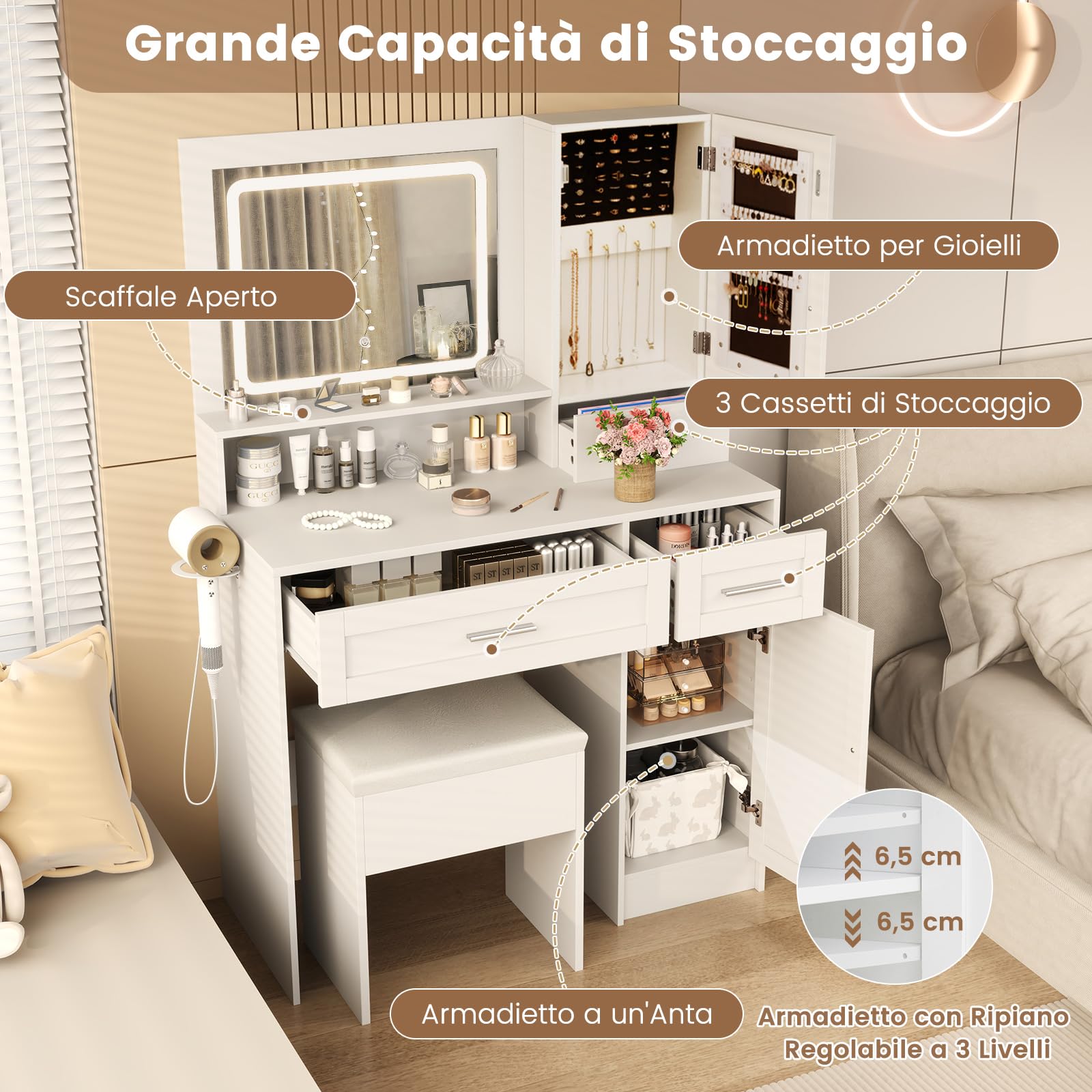 COSTWAY Set Toeletta da Trucco con Luci, Stazione di Ricarica