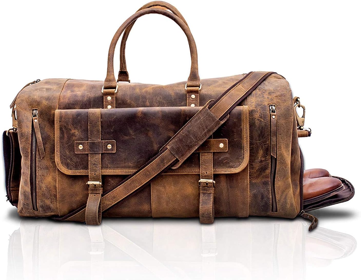 Amazon KomalC 24インチ レザーダッフルバッグ メンズ レディース フルグレインレザー 旅行 一泊 週末 レザーバッグ