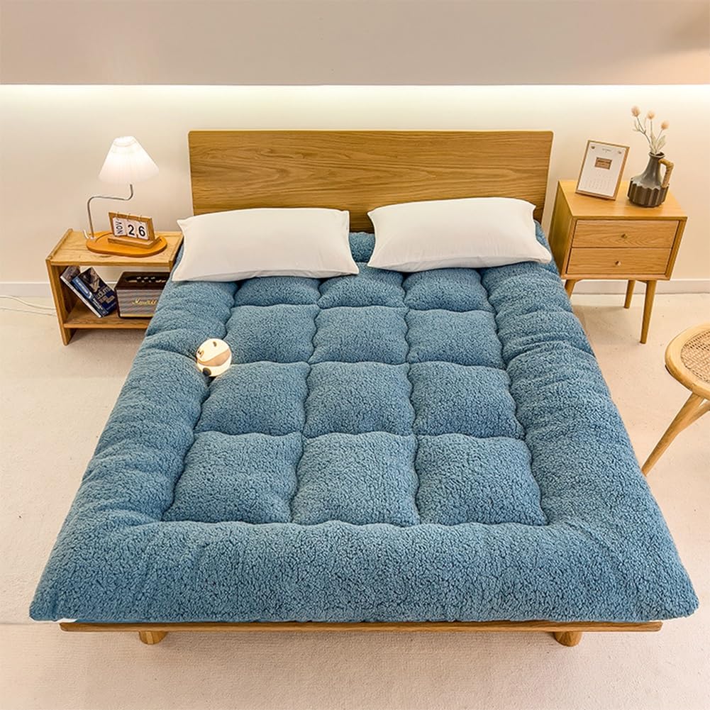 GUOIOOI Full Size Futon Mattress Winter Thickened Soft, warm and super cozy Lambswool Quilted Japanese Floor Mattress Portable Mattress Tatami Mat, Boys Girls Dormitory Mattress(Blue,150x200cm/Full)