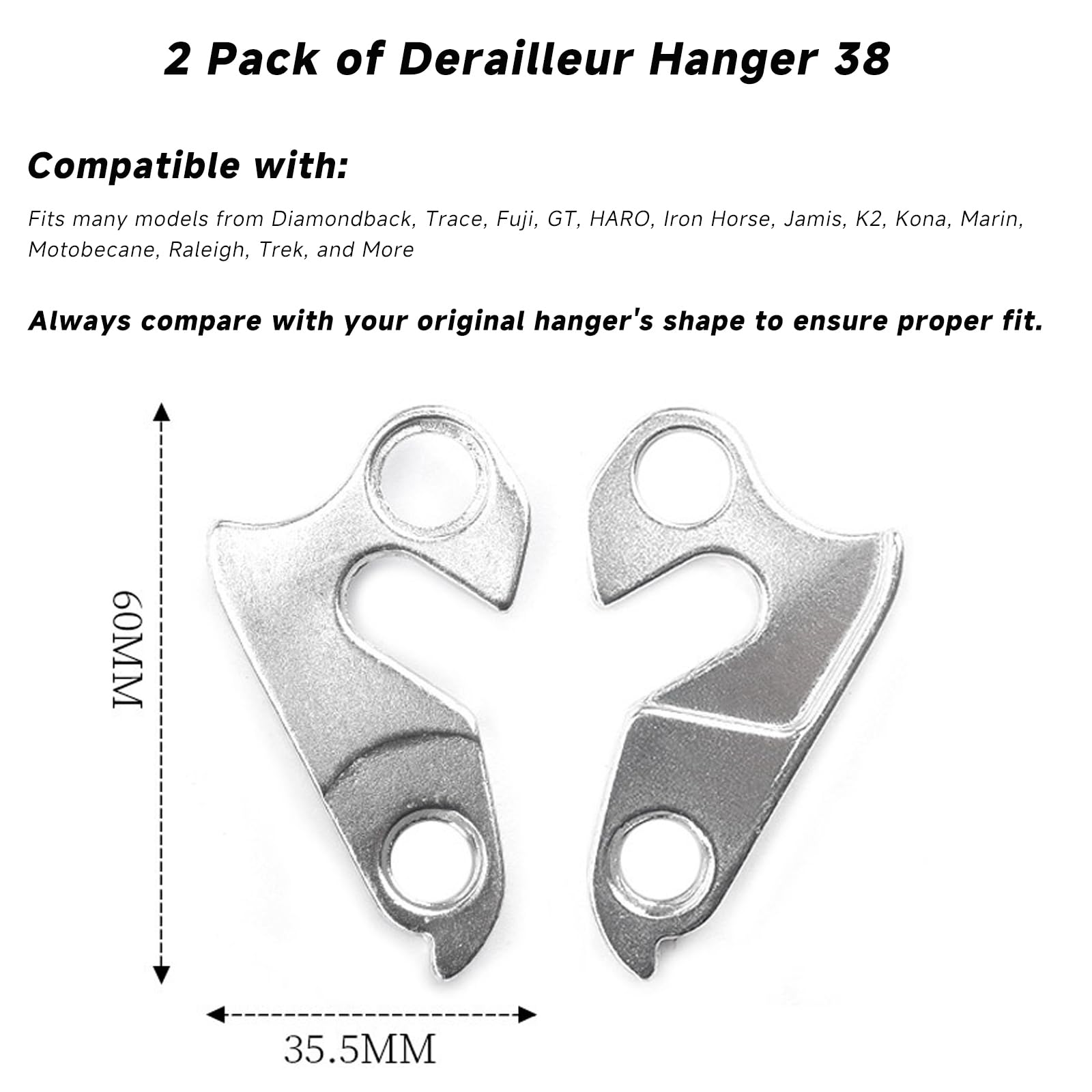 Forcellino cambio 38 in lega CNC, ricambio compatibile con Diamondback, Trace, Fuji, GT, HARO, Iron Horse, Jamis, K2, Kona, Marin, Motobecane, Raleigh, Trek, ecc