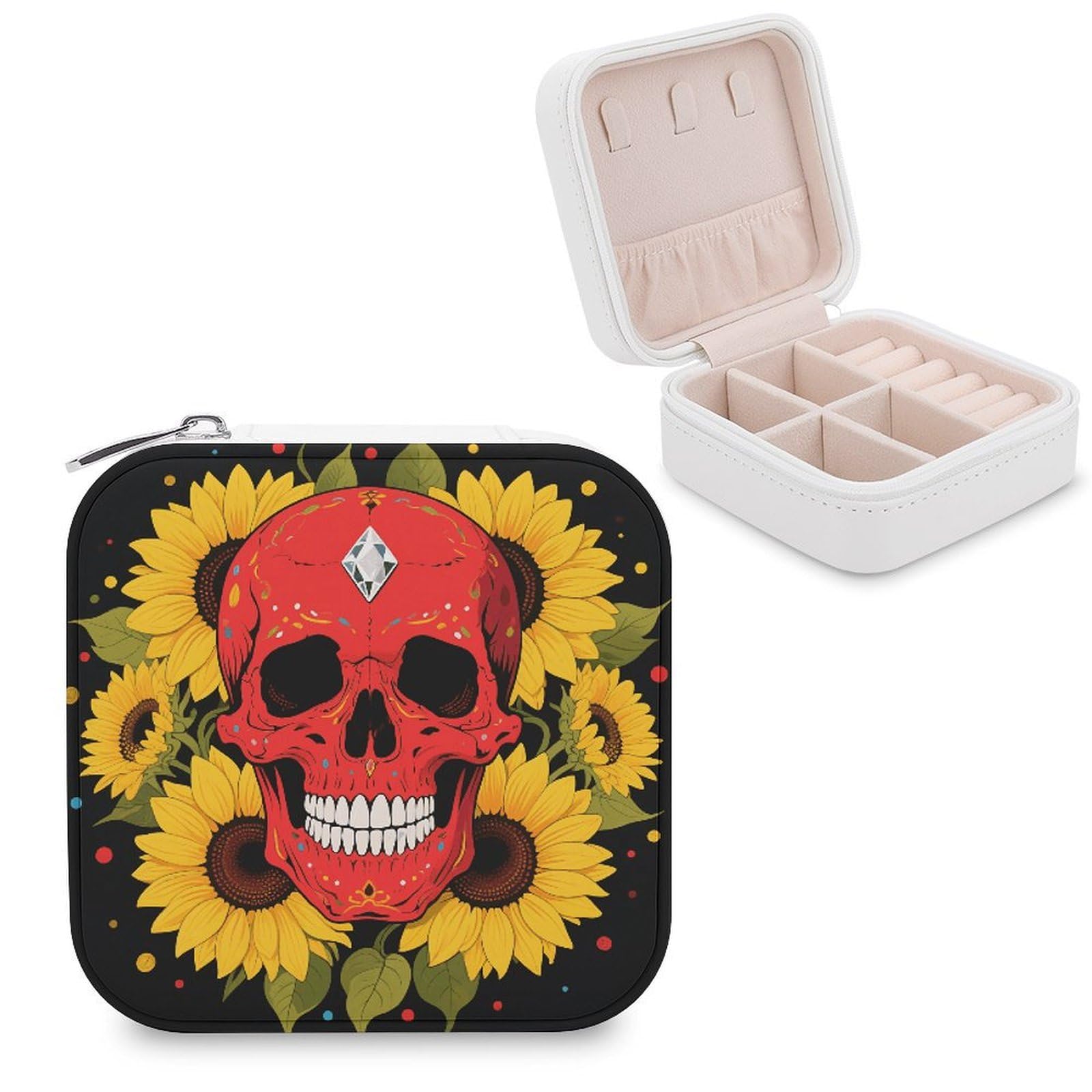 VstaDank Red Skull & Yellow Sunflowers Jewelry Box for Women Jewelry Organizer Storage Case with Zipper Mini Travel Jewelry Case Cute Trinket Organizer Leather Portable Jewelry Storage Box