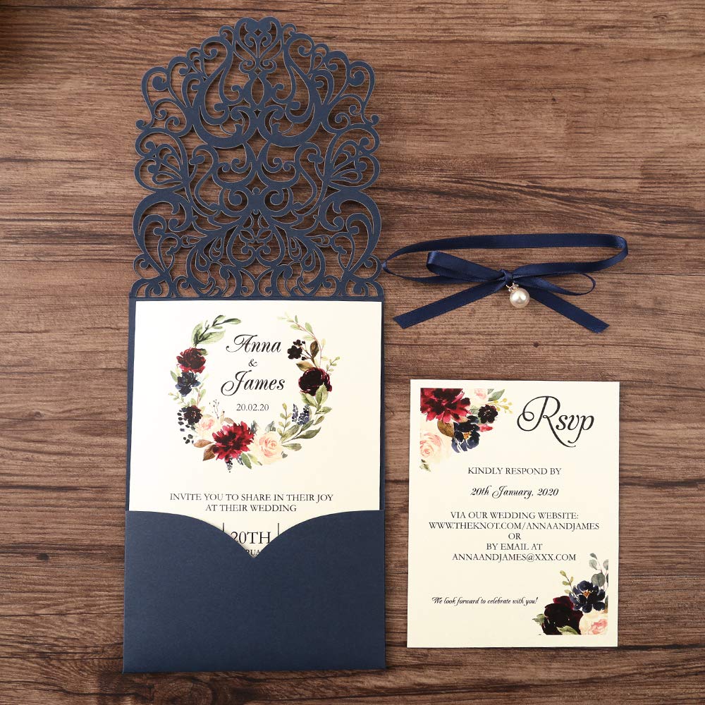 Hochzeitseinladungen, blanko, lasergeschnitten, Marineblau, mit Rsvp-Karten und Umschlägen Schleifenband, Perlenverzierungen, Hochzeitseinladungskarten für 50 Stück