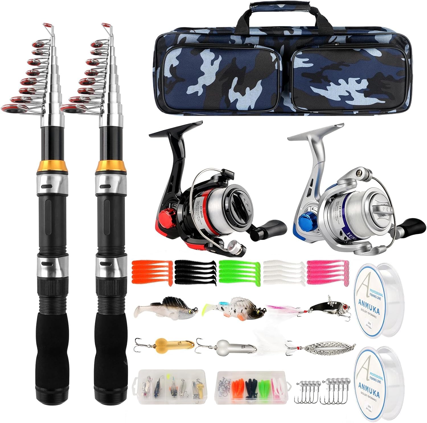 Combo de carrete telescópico para caña de pescar, 2 unidades, 6.89 pies, plegable, carrete giratorio, accesorios con bolsa de pesca, kit de caña de pescar portátil para agua salada, agua dulce, viajes