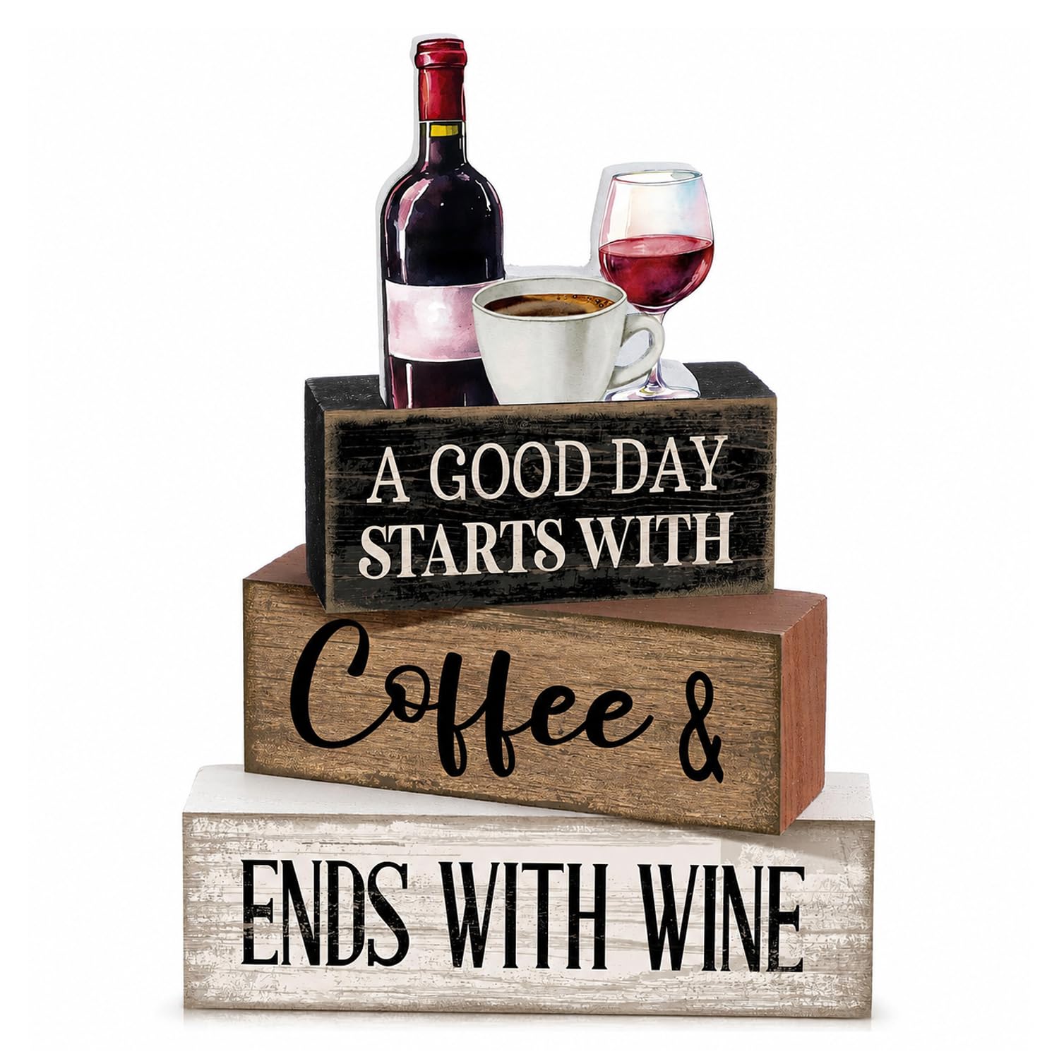 3 Pcs Coffee and Wine Wooden Block Signs, Rustic Farmhouse Bar Decor Set, Wooden Ornaments for Kitchen Countertop Coffee Station Bar Cart, Home Gift for Wine Lovers