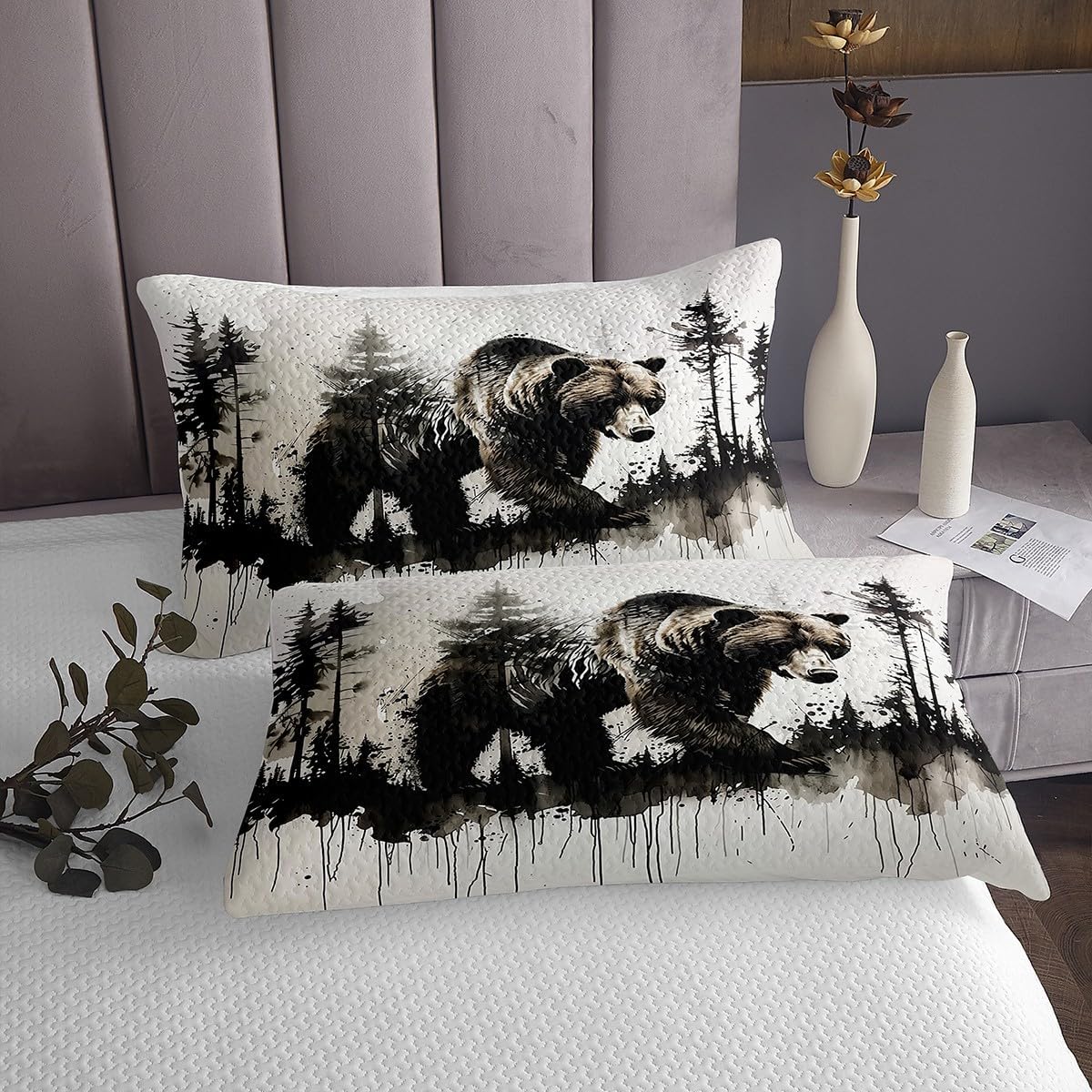 jejeloiu Bear Bedspread Quilts Wild Animal Coverlet Set Queen Size for Kids Boys Girls Hunting Themed Quilted Coverlet for All Season with 2 Pillowcases Rustic Cabin Microfiber