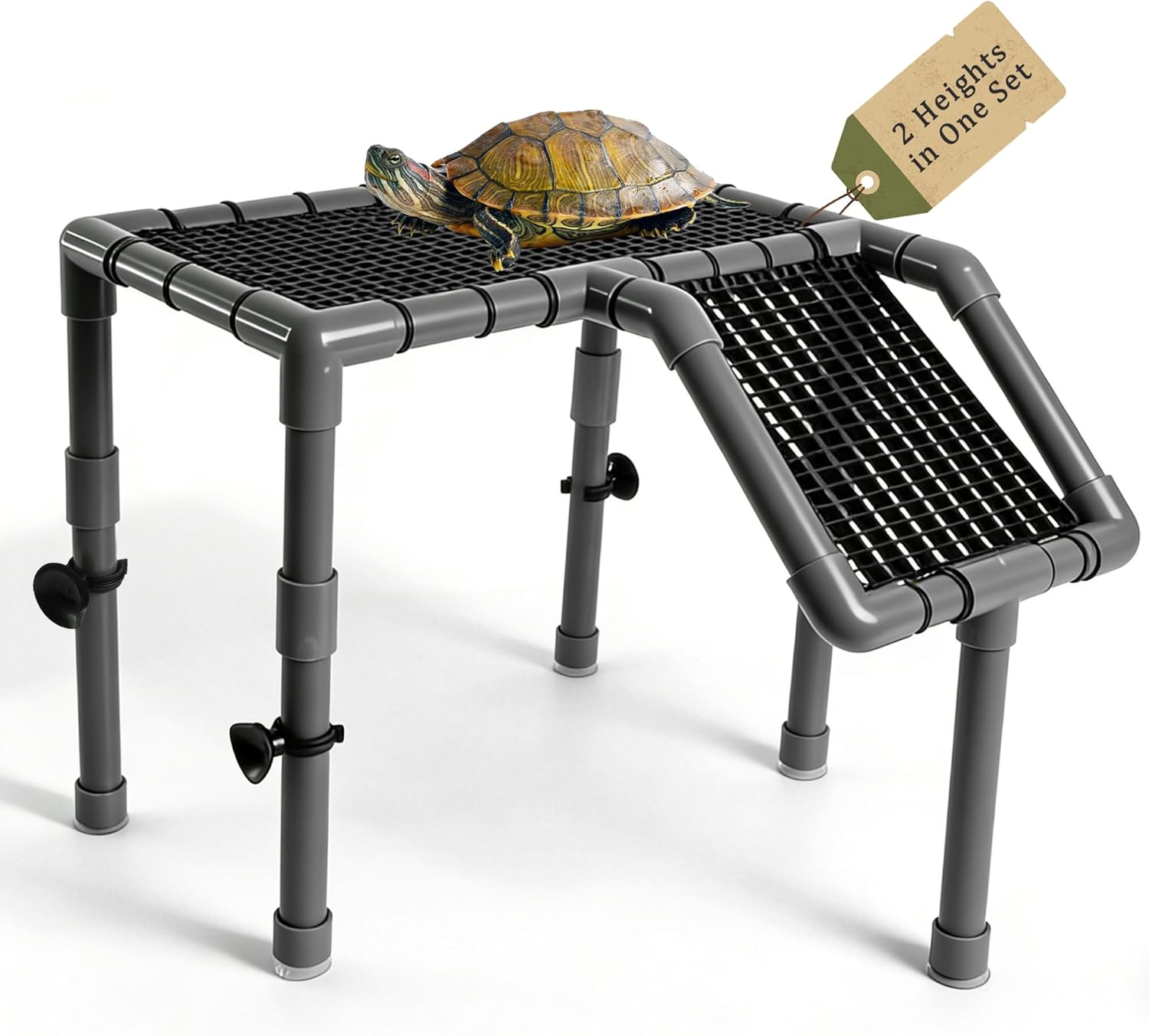 Large Turtle Basking Platform 13.8", Adjustable Height Turtle Dock with Ramp, Standing Turtle Tank Platform with Suction Cups, Easy Install PVC Basking Area for Aquatic Turtles