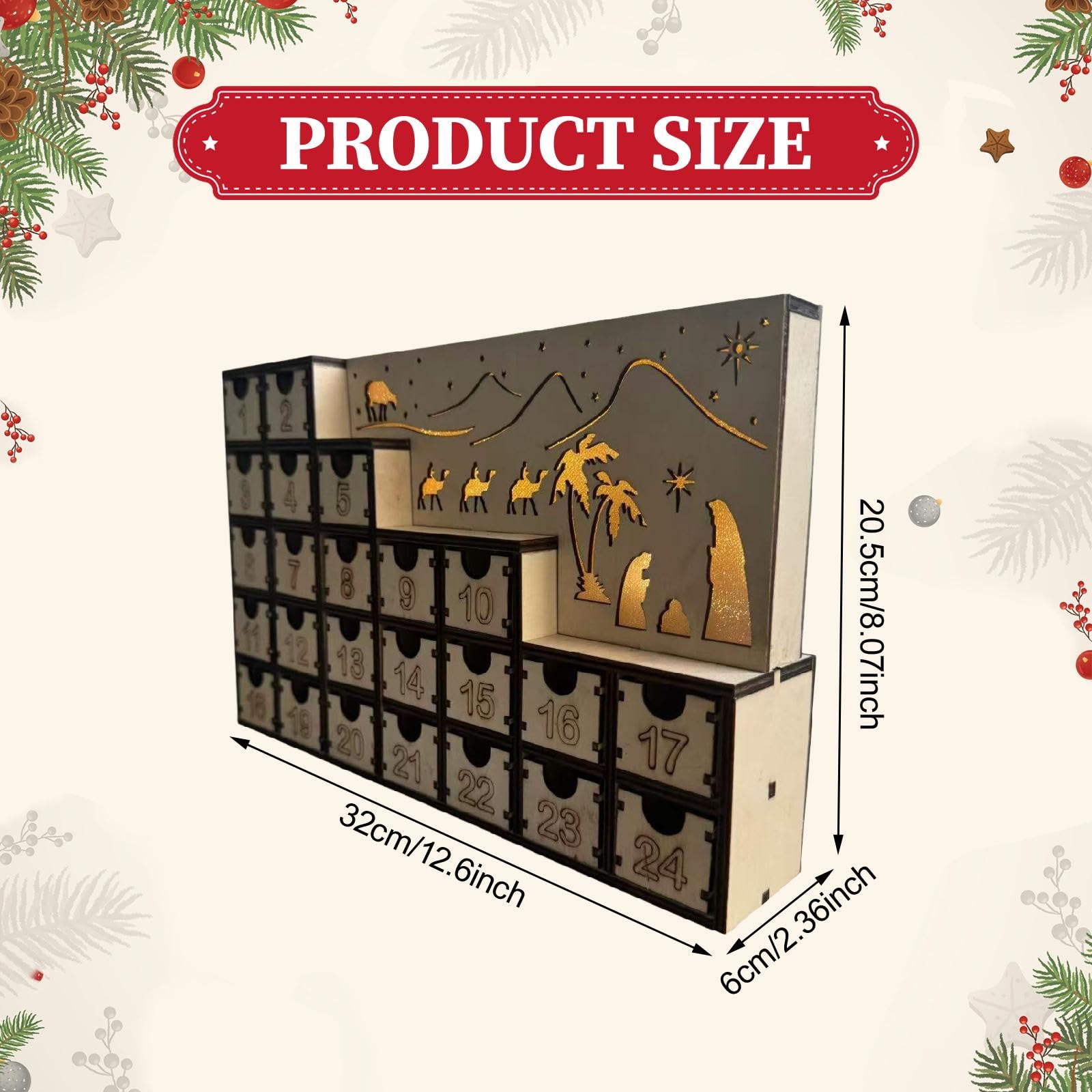 predolo Weihnachtskalender Adventskalender Holz mit 24 Schubladen Dekoratives LED Licht Kreative Aufbewahrung Festliches Sammelstück für Wohnzimmer