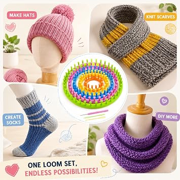 JAMIT Round Knitting Looms Set Craft Kit DIY Tool with Hook Needle, Set of 5 Plastic Looms Knitting for Hat Scarf Shawl Sweater Sock and Blankets