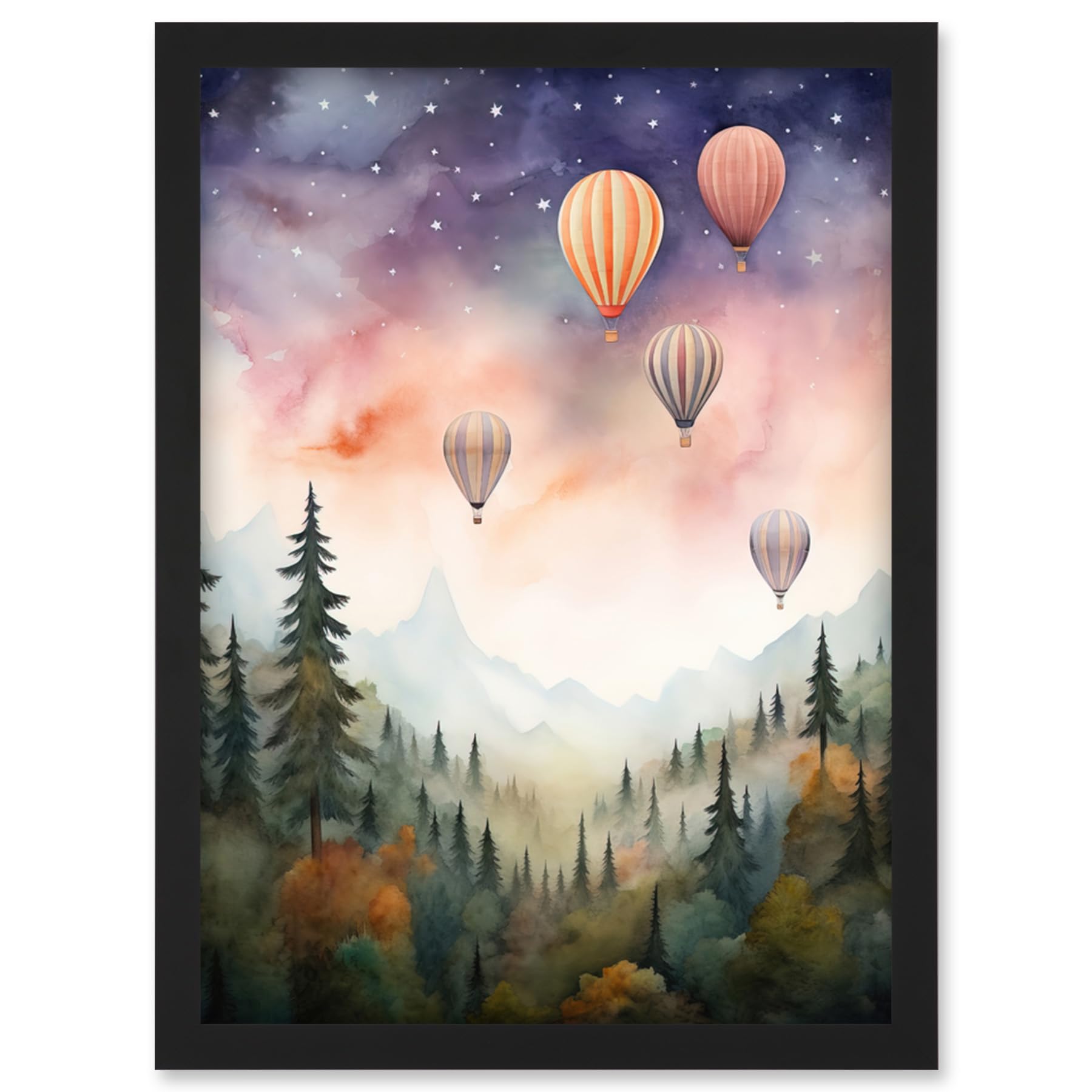Artery8 Hot Air Balloons Over Misty Forest Landscape Watercolour Painting Orange Green Purple Dreamy Dusk Sky Stars Kids Bedroom Artwork Framed Wall Art Print A4