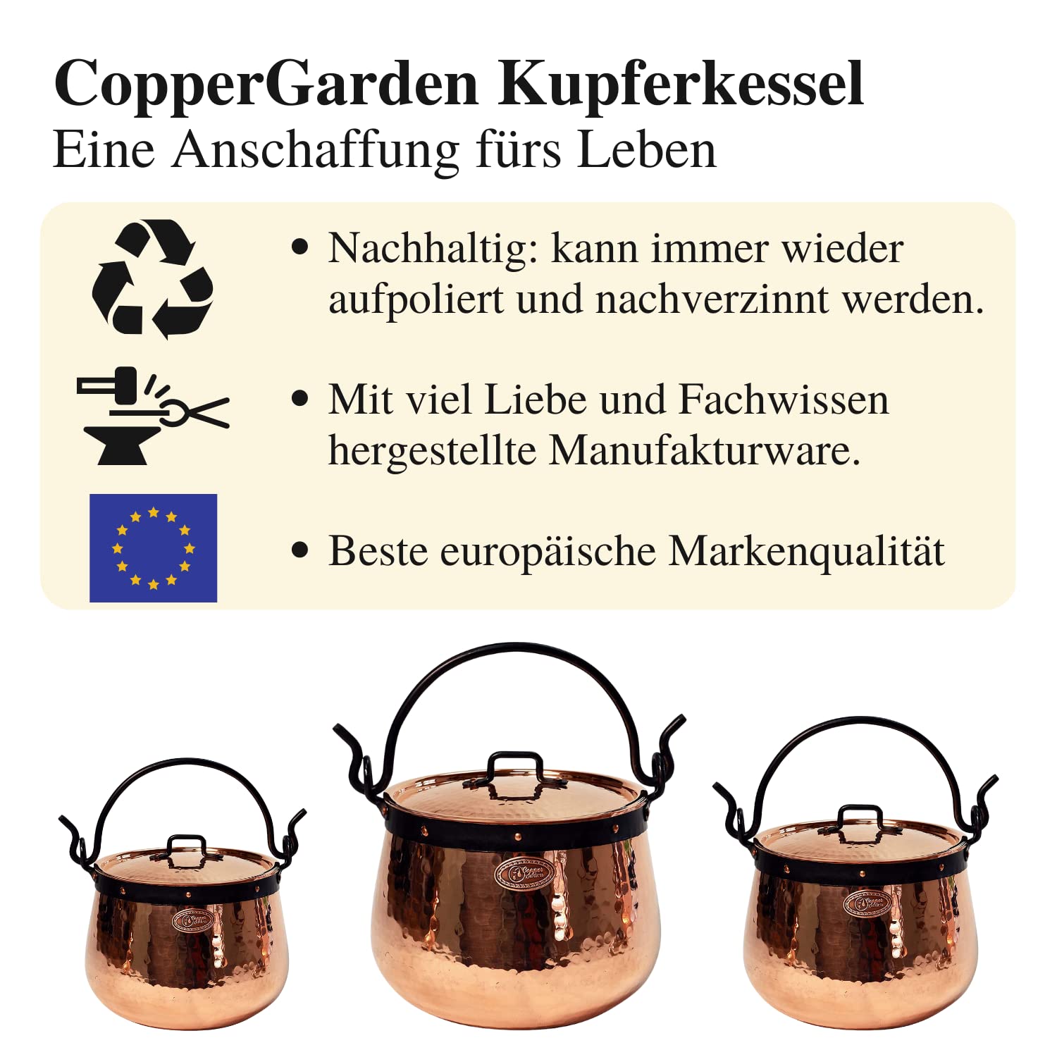 CopperGarden Kupferkessel 10 Liter I Hexenkessel mit Henkel & Deckel I Handgeschmiedeter Kessel aus blankem Kupfer I ideale Wärmeleitung I Feuerkessel zum Kochen I für Gas & Elektroherd geeignet