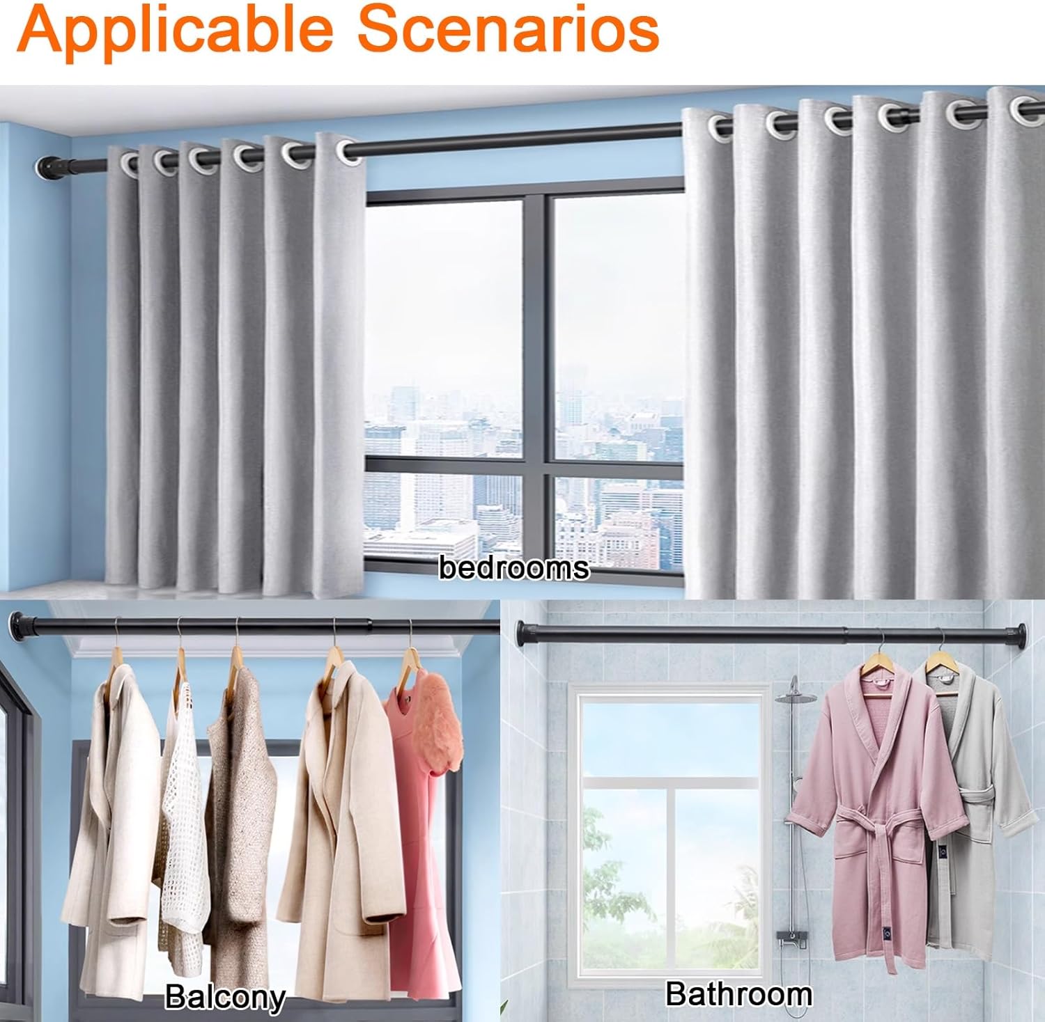 ZIMGOD Closet Rod Oval Spring Tension Rod with 3 Brackets, Closet Pole Wardrobe Rail for Clothing Storage, Clothes Hanger Telescopic Rod for Balcony/Laundry Room(Black,1.6-2.1m (63"-82 5/8"))