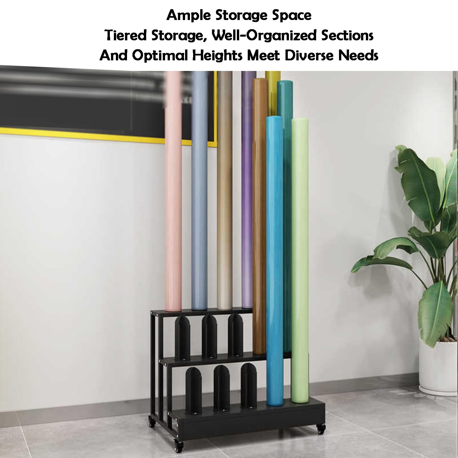 Estante de almacenamiento para coche con ruedas giratorias, soporte de exhibición resistente para papel de regalo y papel pintado, ideal para uso doméstico y de oficina