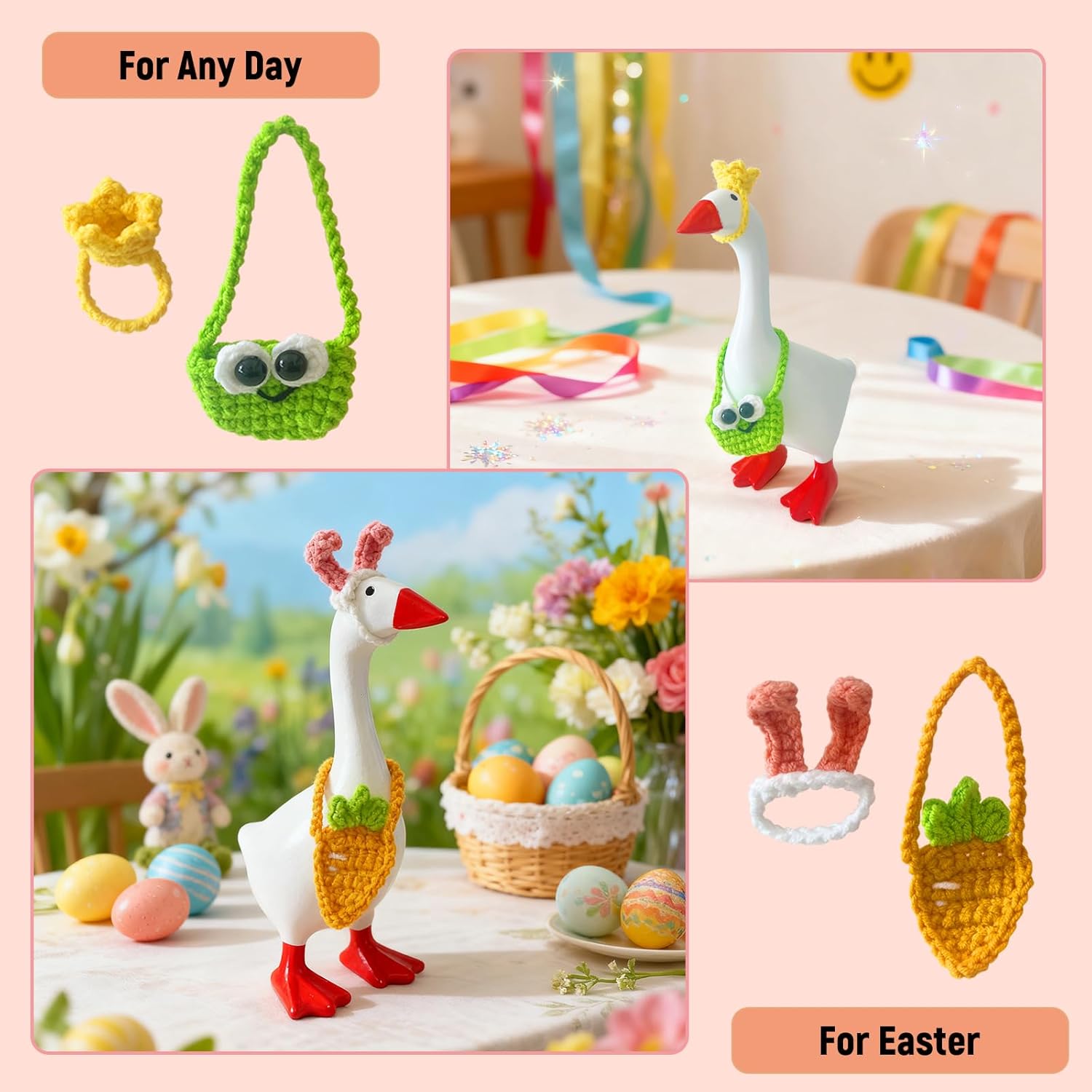 4 Set 7 Inch Desk Goose Outfits Handmade Crochet Hats and Bags for Mini Magnetic Silly Goose Statue, Cute Knitting Geese Decor Accessories for Easter,Summer, Birthday, Easter Basket Stuffers