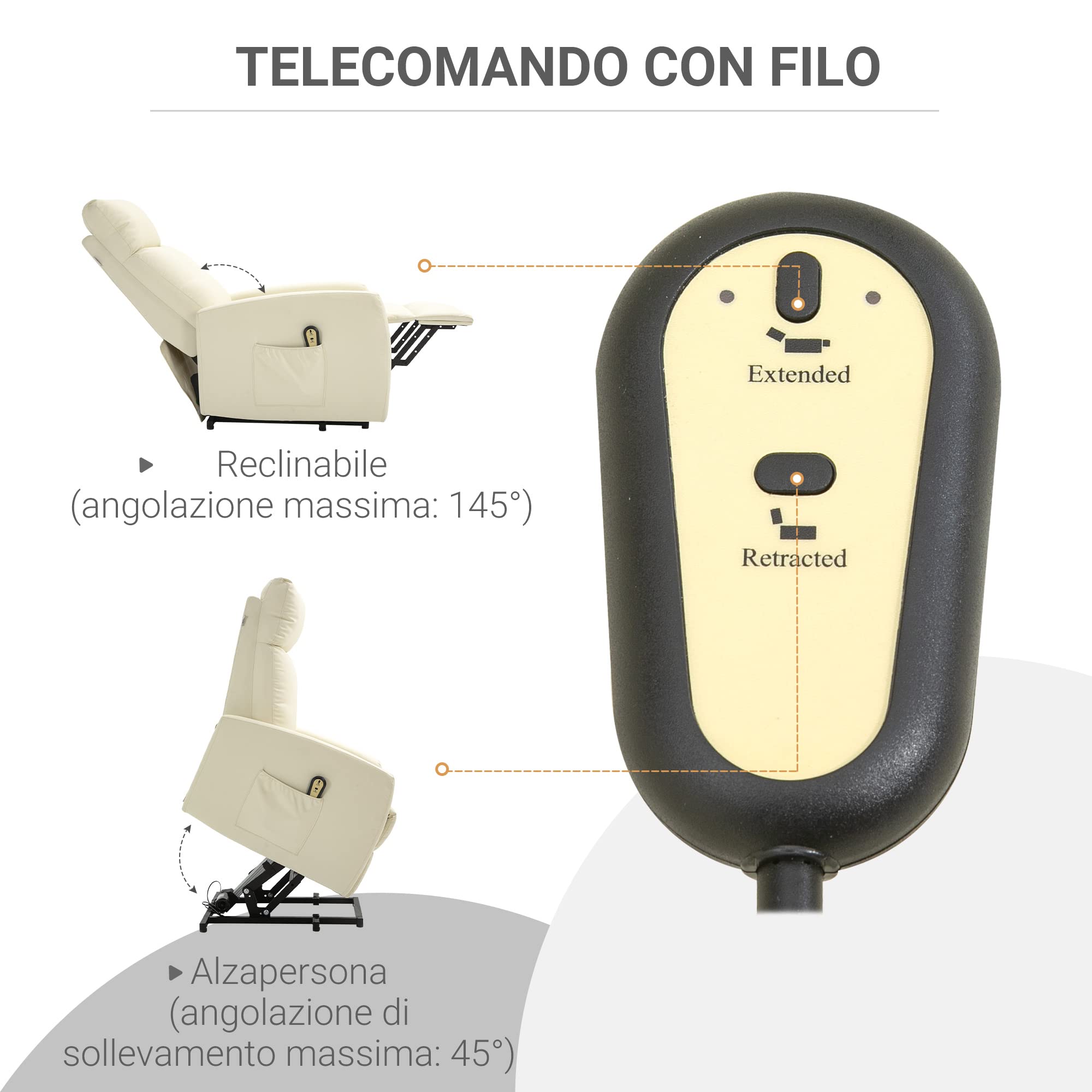 HOMCOM Poltrona Elettrica Alzapersona 45° 67x95x105 cm Crema | Reclinabile a 145° in Pelle PU, Poltrona Relax Elettrica, Poggiapiedi, Telecomando
