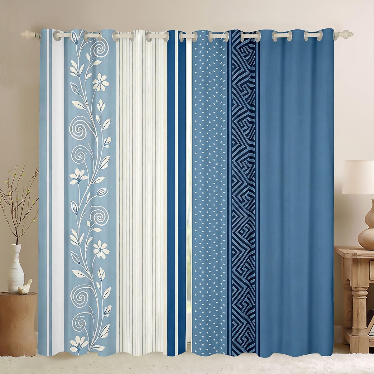 Lot de 2 rideaux de fenêtre rétro à fleurs - Taille XXL - 260 x 140 cm - Rayures géométriques - Points ondulés - Bon rideau occultant - Aquarelle - Motif plantes - Bleu - Pour adultes et