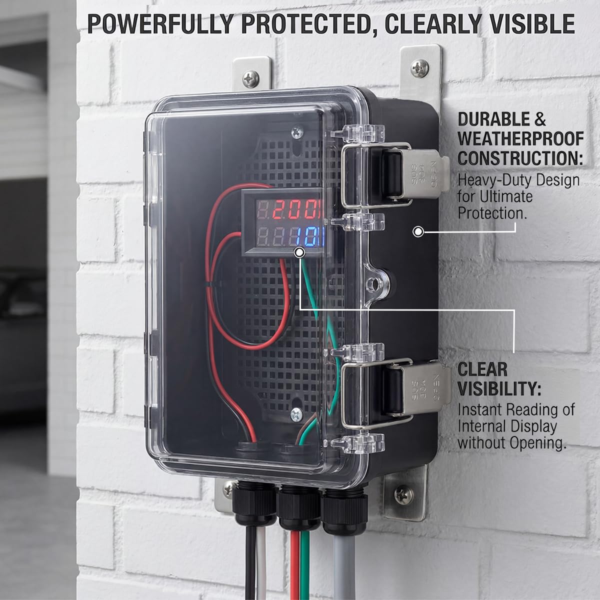 Junction Box,IP67 Waterproof Electrical Box Hinged Clear Cover Stainless Steel Latch Project Box Enclosure with Mounting Plate & Wall Bracket, Black 11.8 x 7.9 x 6.7inch(300x200x170mm) — Amazon image 5