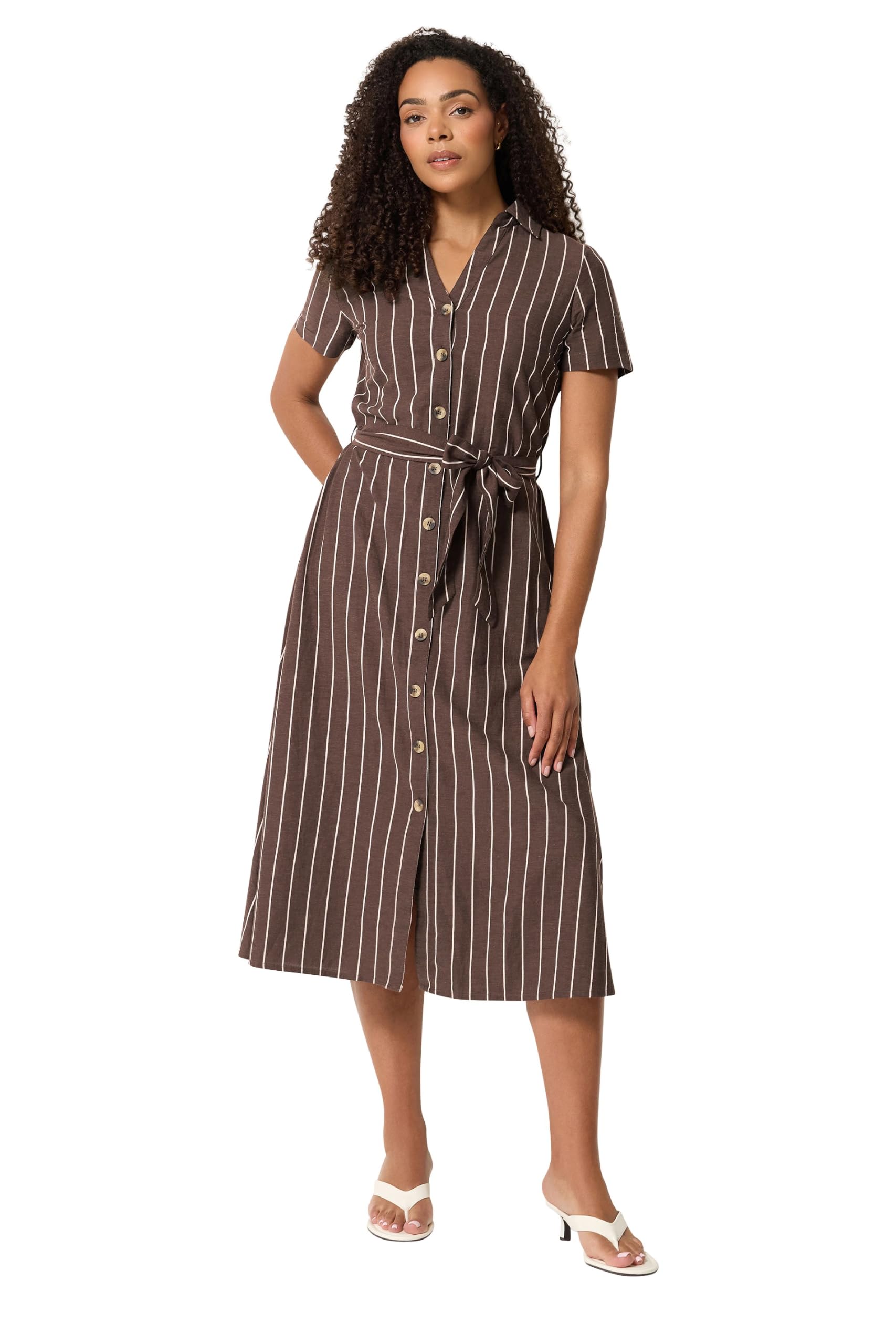 M&Co - Women's - Shirt Dress - Linen - Size 14 - Chocolate - Striped