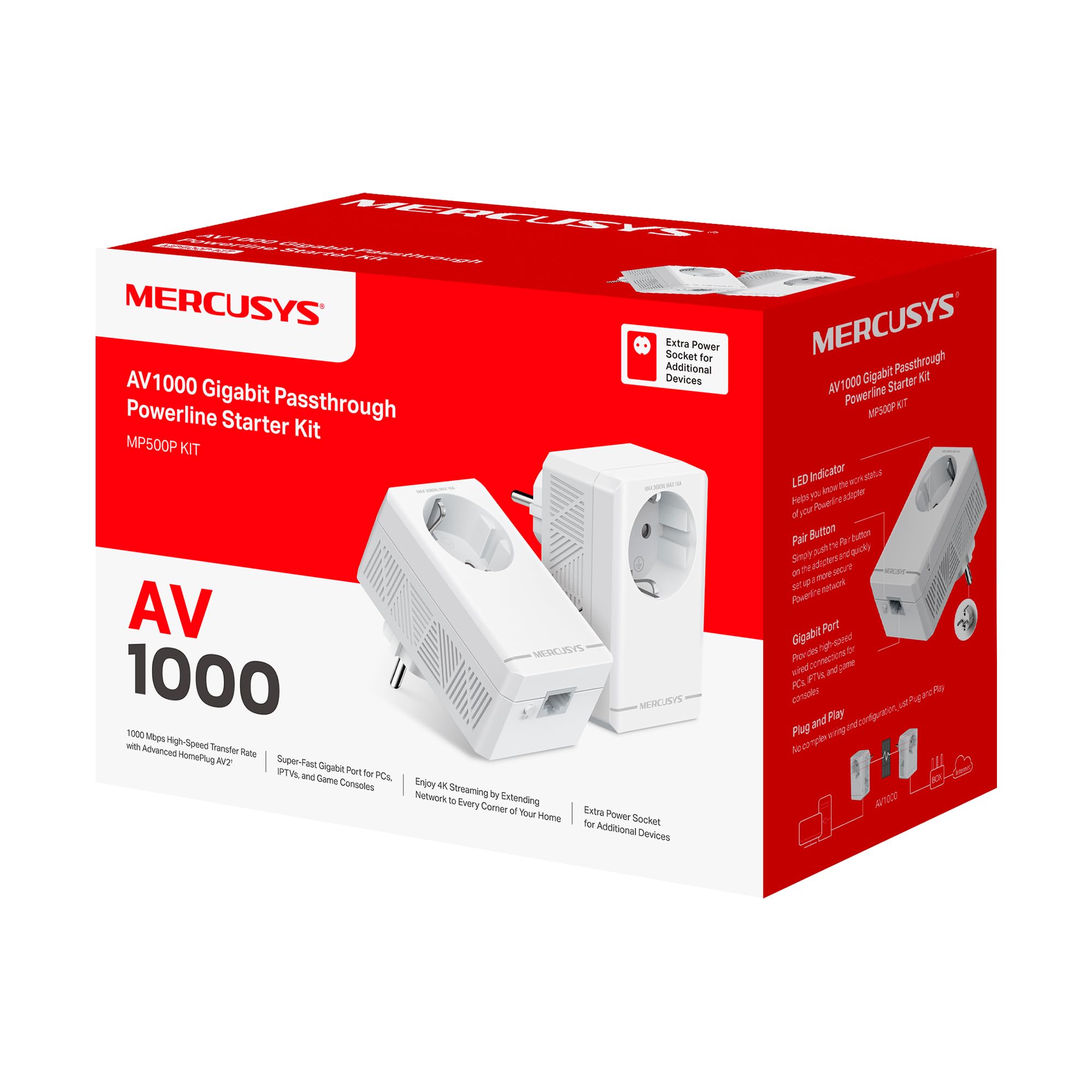 MERCUSYS MP500P Kit – Powerline AV1000 con Puerto Gigabit y Toma Passthrough, 2 Adaptadores PLC, Red Eléctrica de Alta Velocidad, Plug & Play, Ideal para Streaming 4K y Gaming