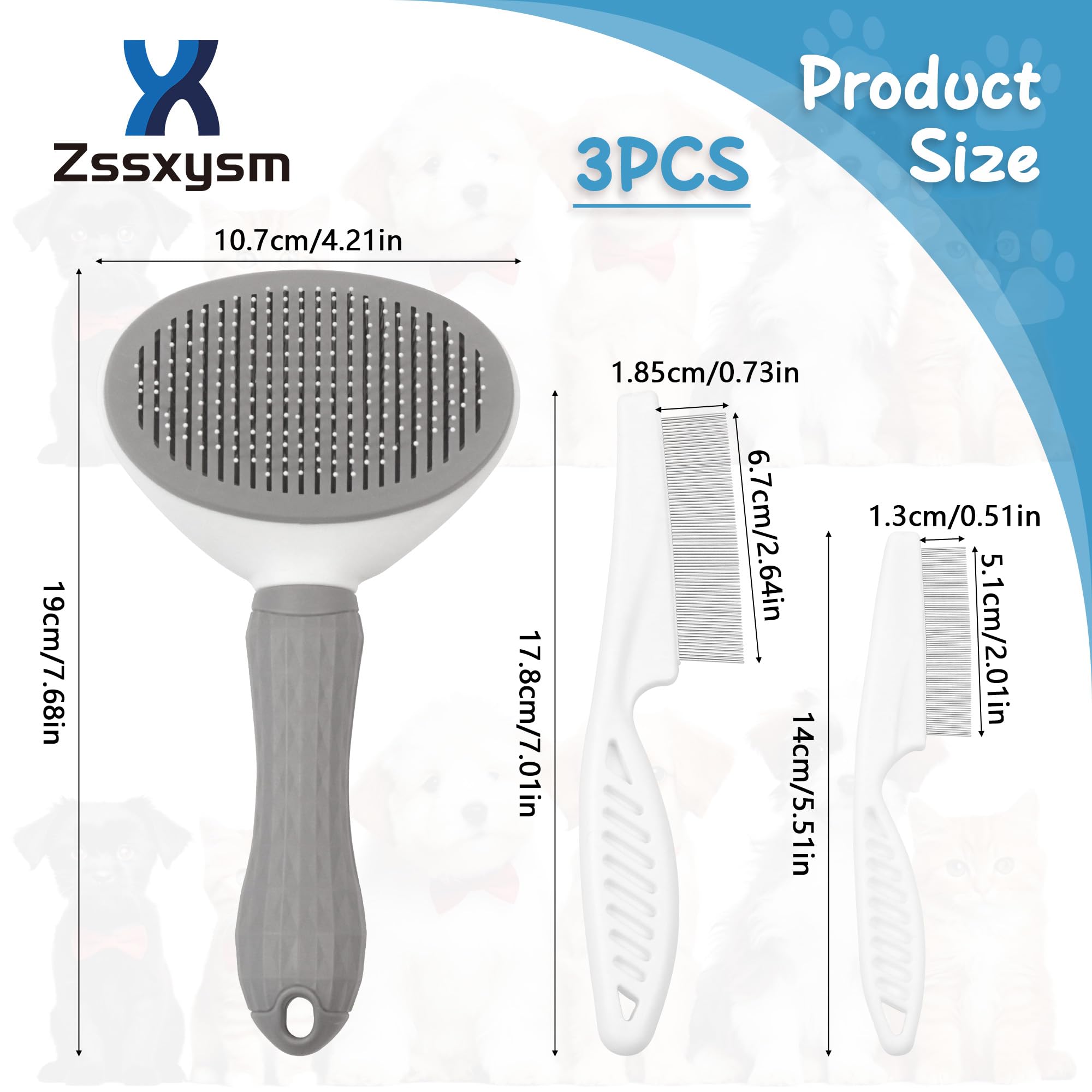 Zssxysm 3 Pieces Cat Grooming Brush, Pet Flea Comb for Dog Self Cleaning Brush for Short & Long Hair - Image 2