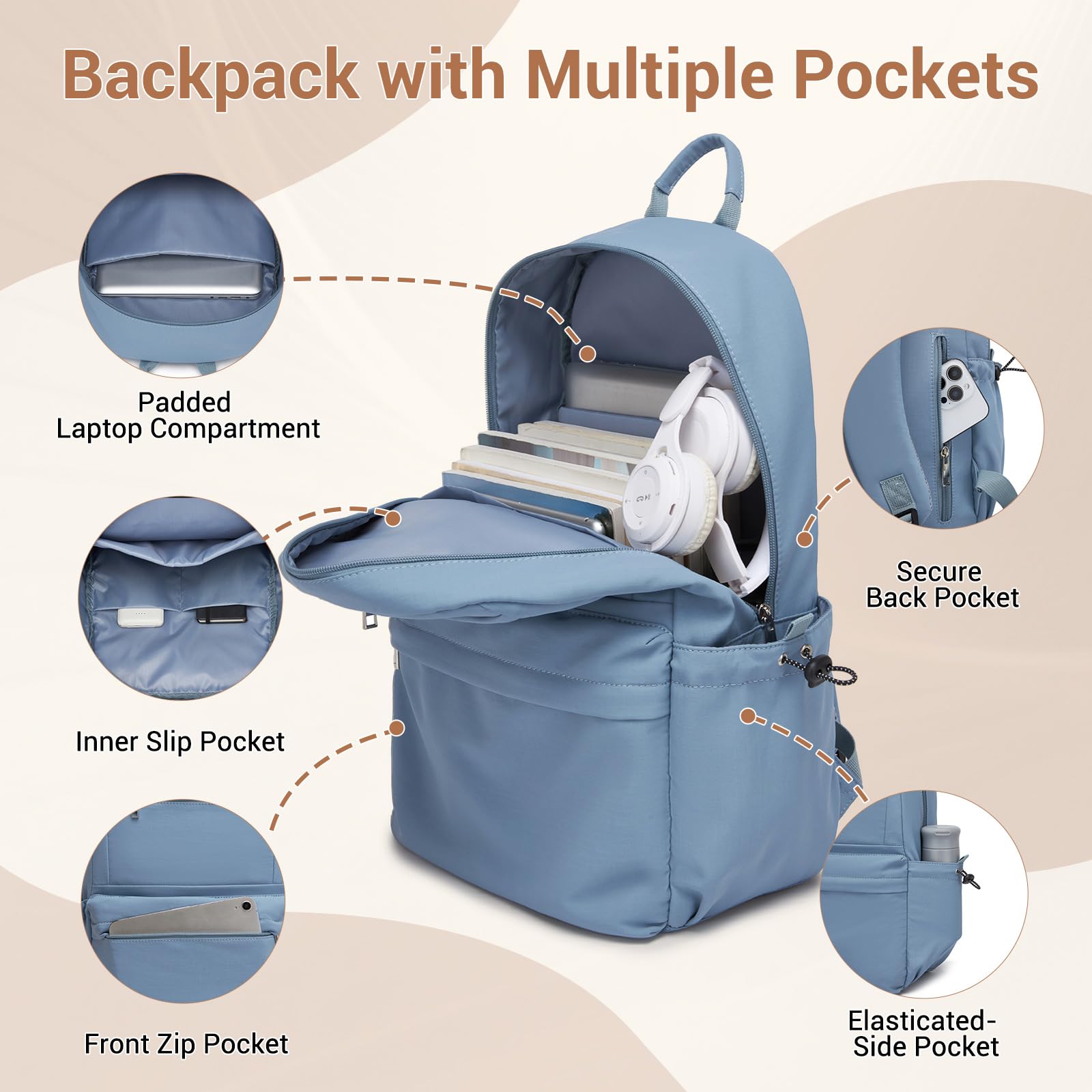 Kono Mochila Escolar Adolescente Mujer Hombre, Mochilas Instituto Ligera Impermeable 15.6 Pulgadas Portátil, Mochila Casual Viaje Trabajo Colegio Universidad (Azul)