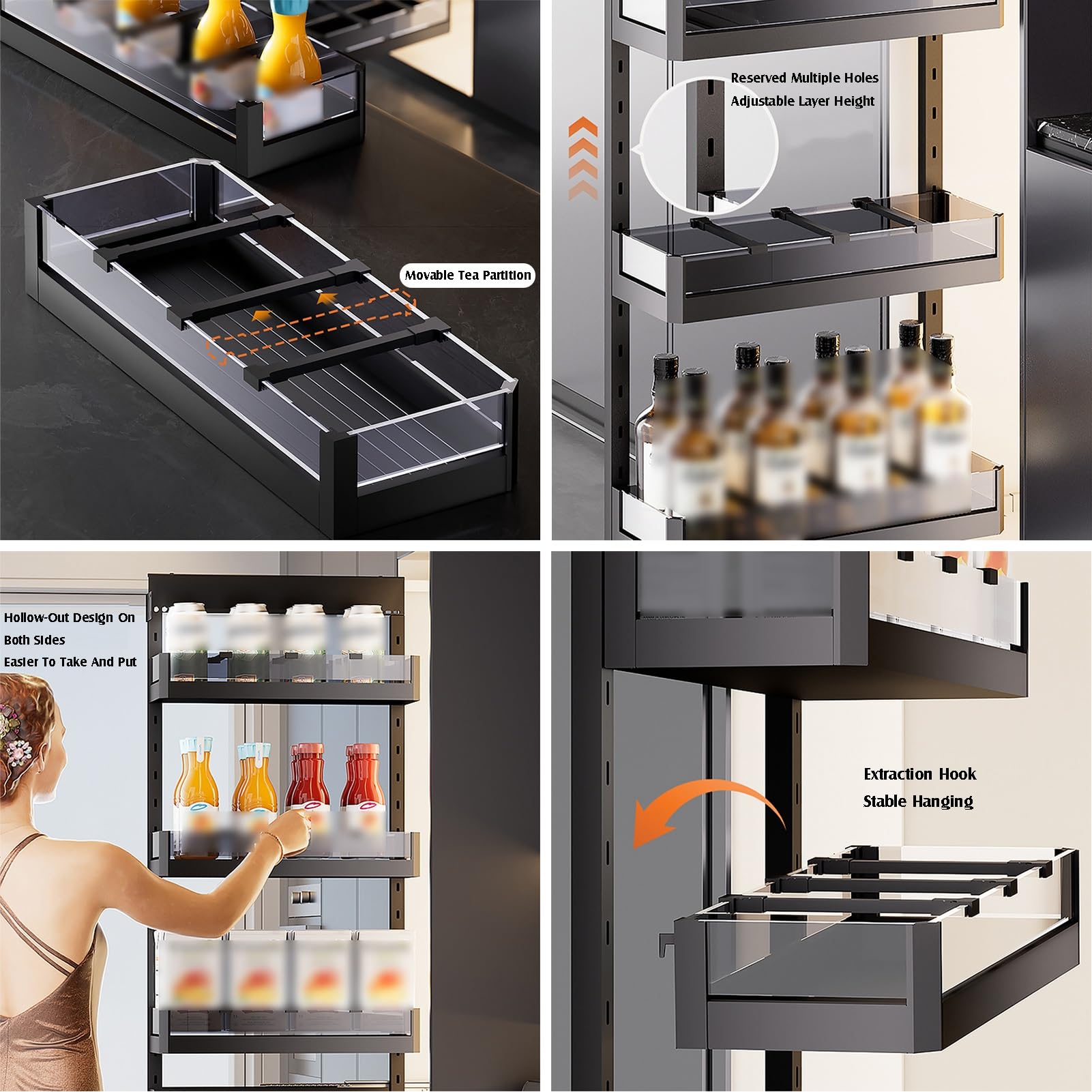 Cestello estraibile, con strisce separatrici, 7 ripiani, per cucina, bagno, dispensa, design stretto (114 x 330 x 6 livelli)