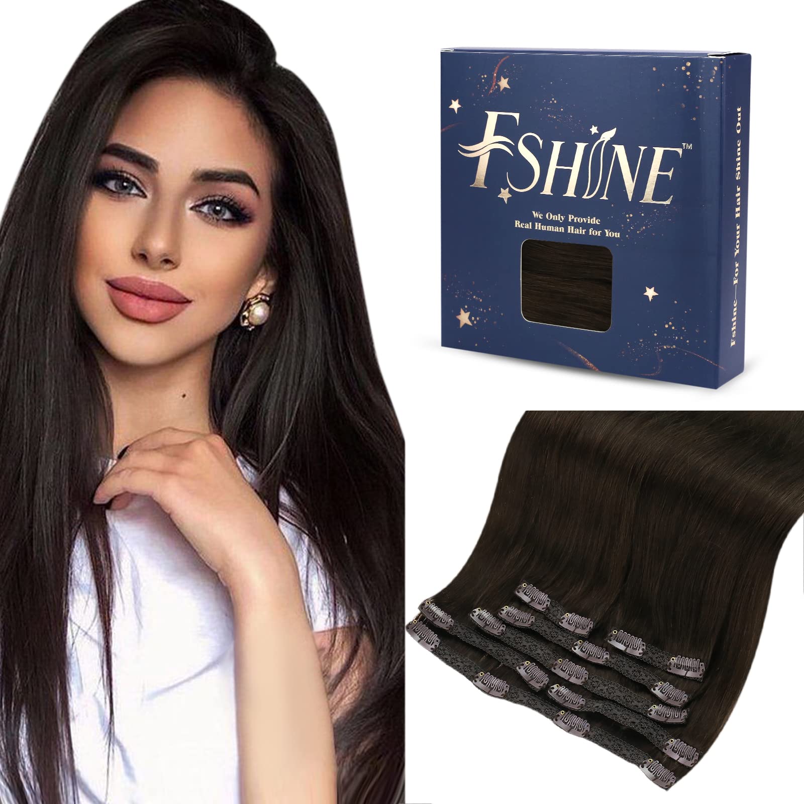 Fshine Clip in Hair Extensions Real Human Hair, Dark Brown 7pcs Per Set with 18 Clips Double Weft Clip in Human Hair Extensions Straight Natural Remy Hair with 18 Clips 24 Inch 120g