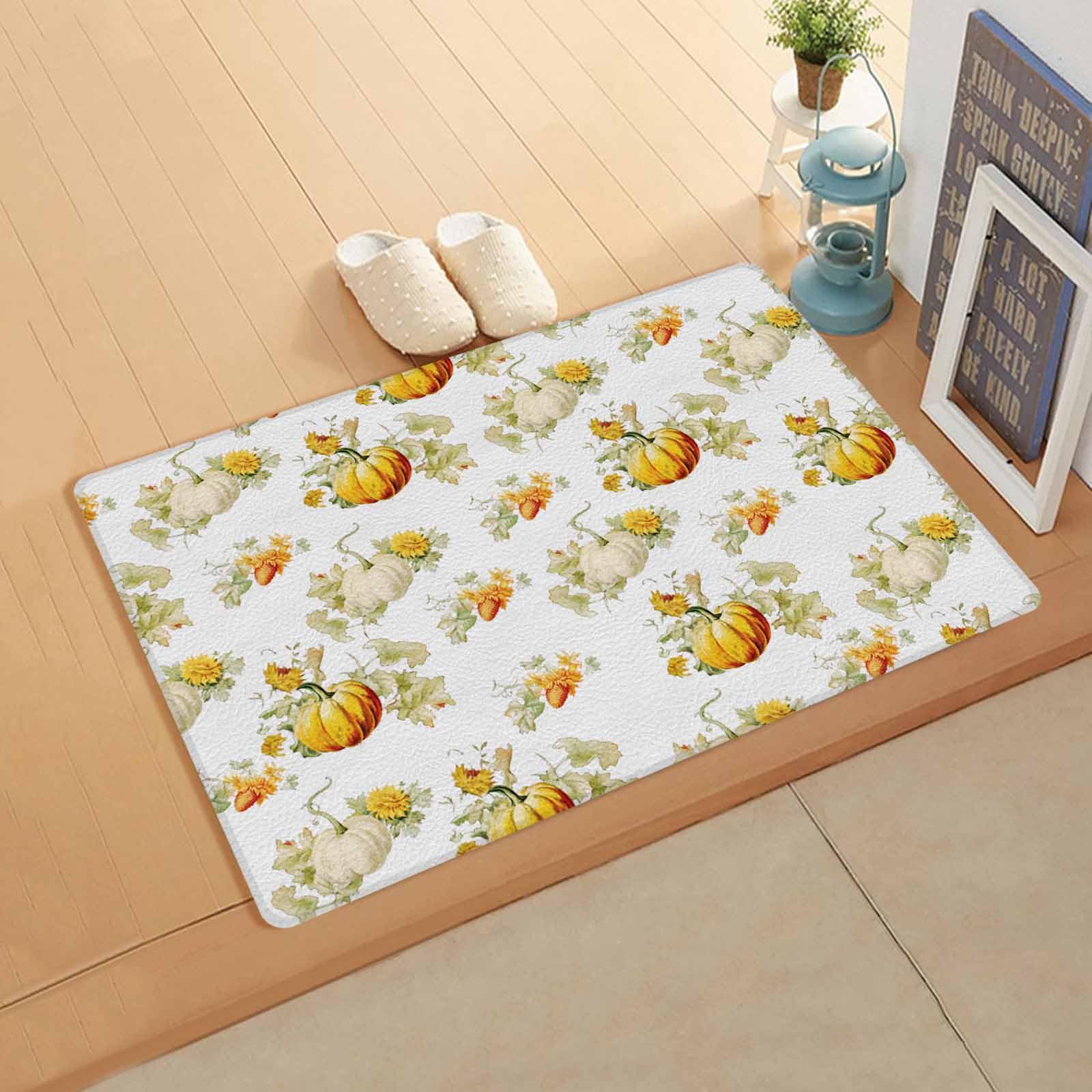 Pumpkin Kitchen Bath Door Mat Cushioned Runner Rug,Washable Welcome Floor Sink Antifatigue Mat,Waterproof & Non-Slip Comfort Standing Doormat,Autumn Watercolor Thanksgiving Maple Leaf 24