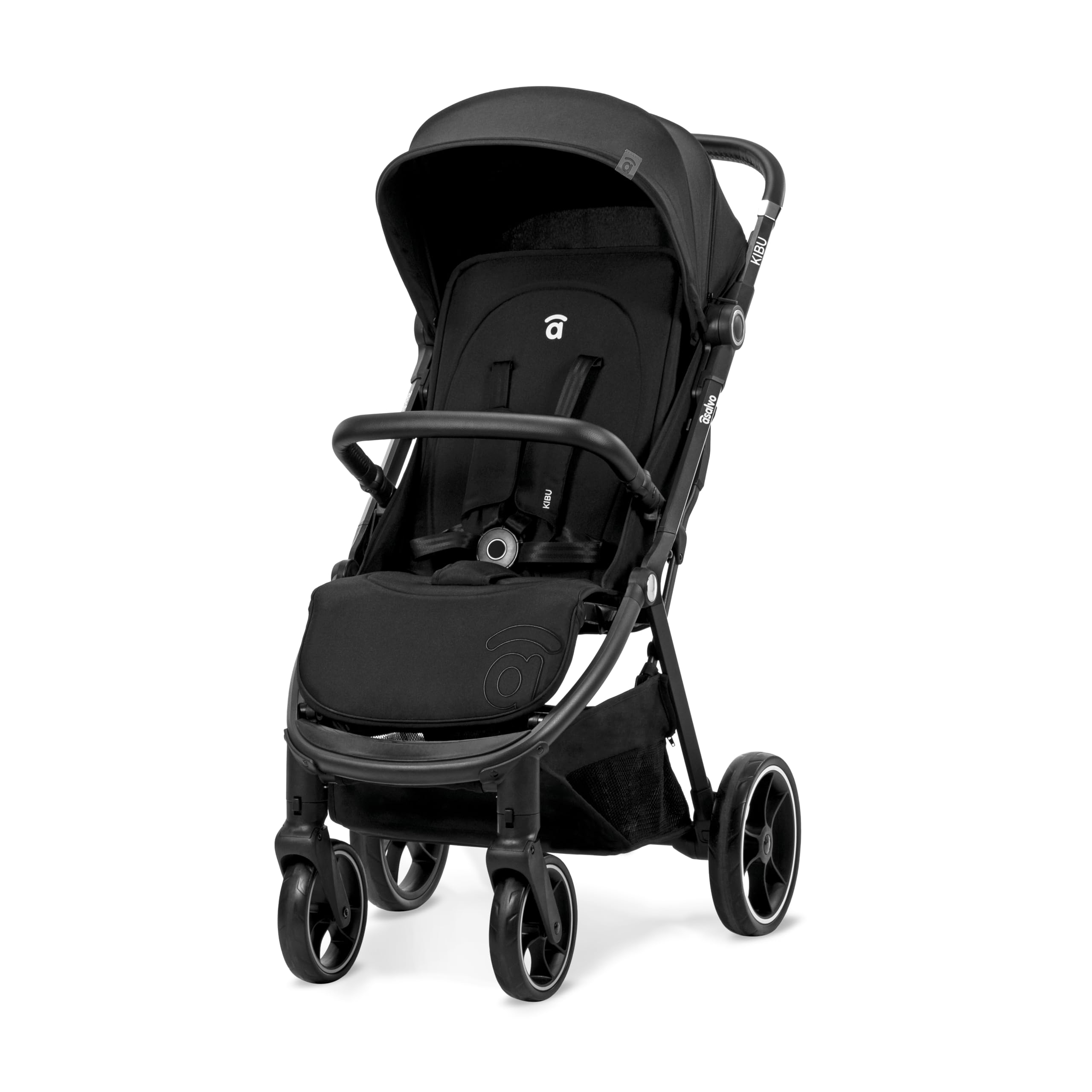 Asalvo KIBU Silla de Paseo, Carrito bebé, Carro para bebés, Confortable, Ultraligera, Segura, Capota con Ventana y Freno Trasero, Manejable, Plegado compacto, Carga Máxima 24 kg, Negro
