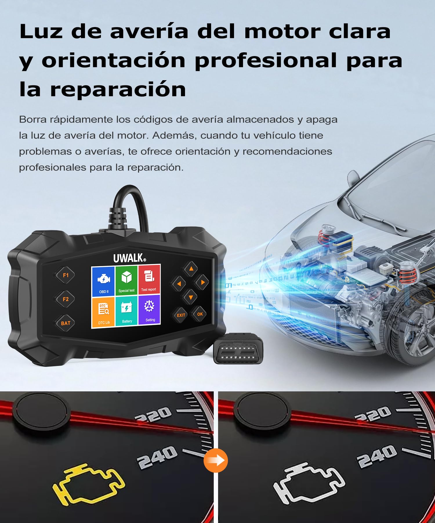 OBD2 Diagnosis Coche OBD Scanner: EOBD Máquina Coche Diagnóstico Multimarca Vehículos con Prueba de batería - Español OBD2 Lector de Código Fallos Motor Autos OBDII Funciones para BMW Audi Mercedes