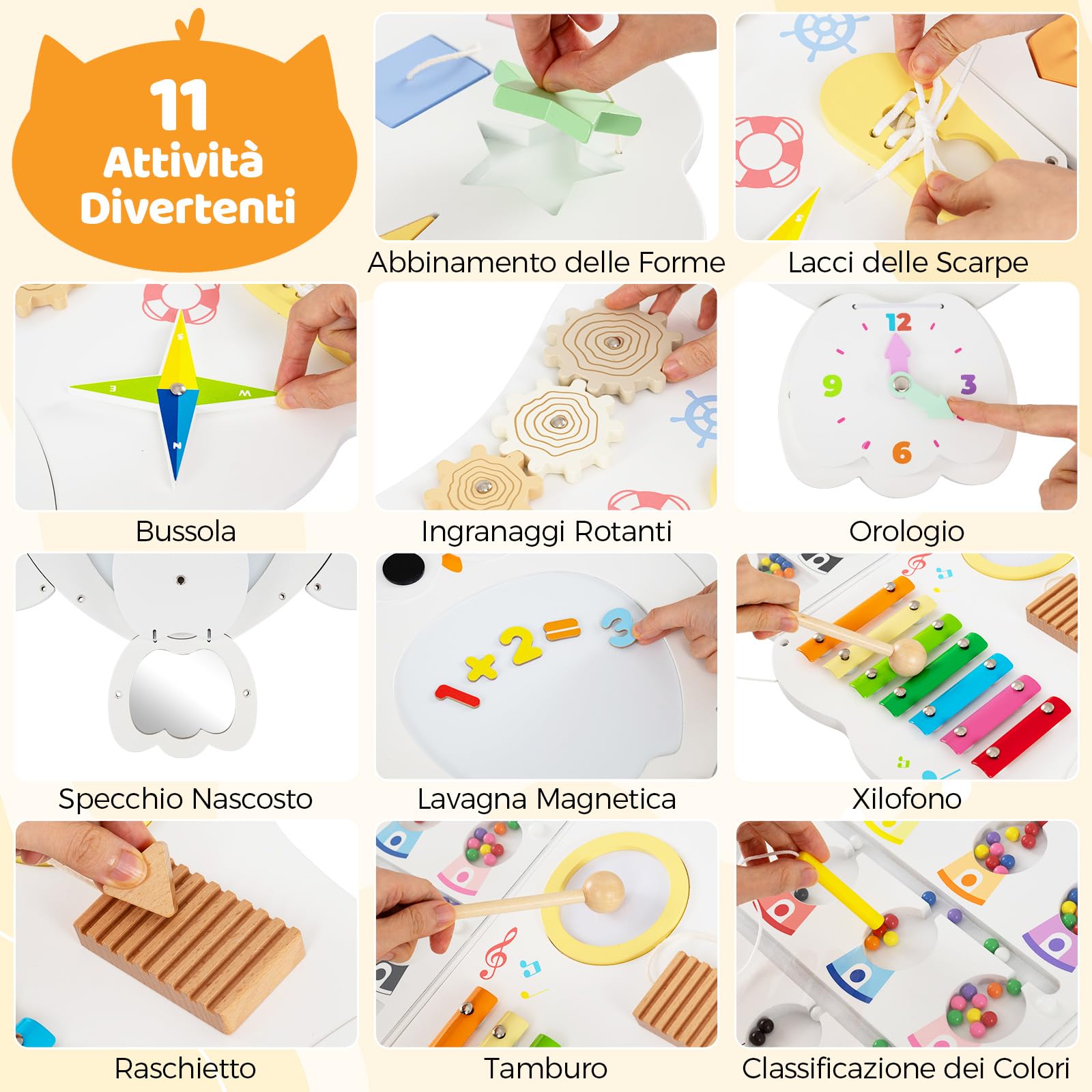 COSTWAY Pannello attività Muro Gufo Busy Board in Legno, Giochi Sensoriali con Calcoli Magnetici, Xilofono, Stringere Lacci e Orologio, Giocattolo Montessori, Adatto a Bambini 3+ Anni