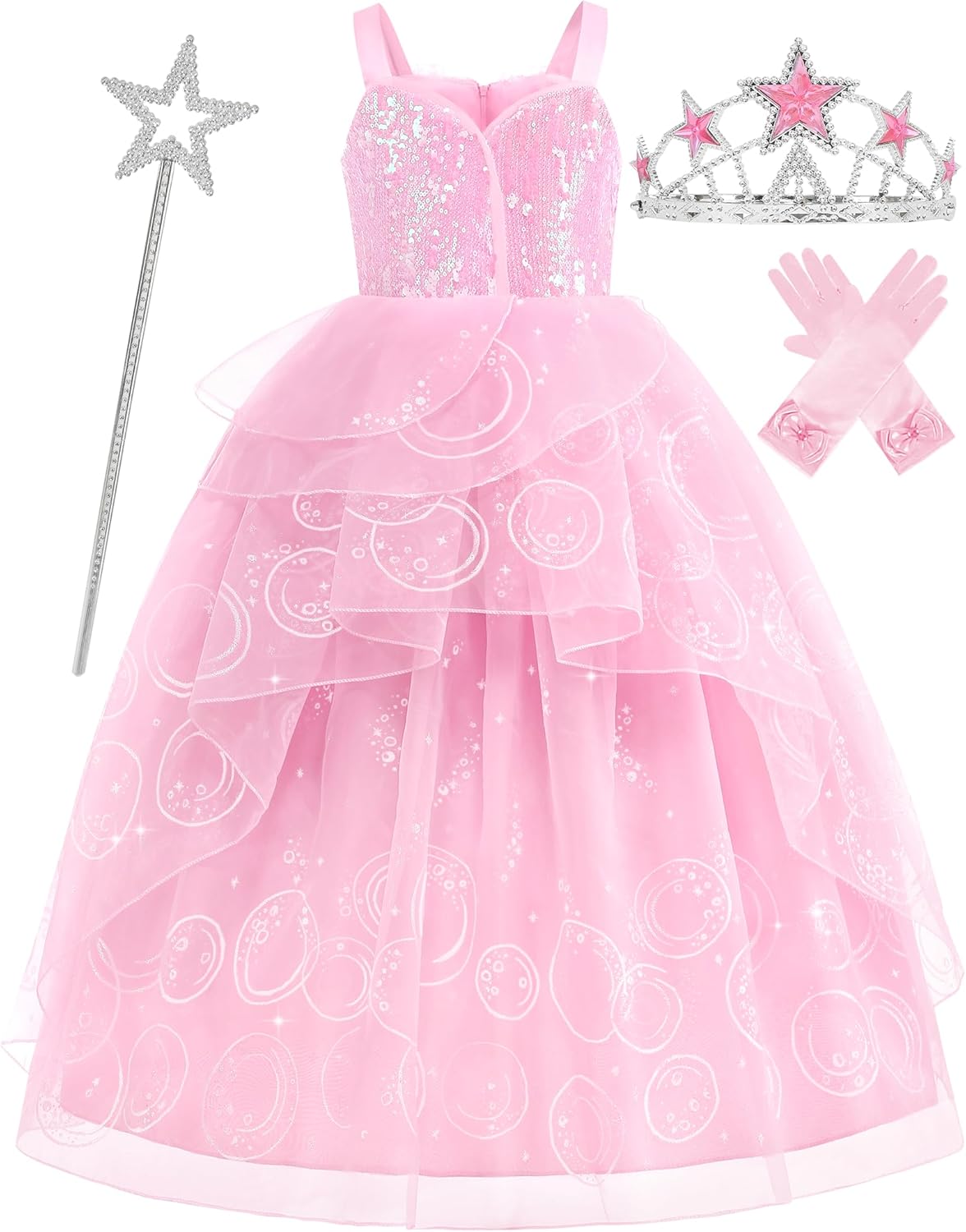Pink Witch Dress for Girls Glitter Princess Costumes Pink Bubble Sequin Tulle Fancy Dress Up for Halloween Cosplay 7-8 Years Pink