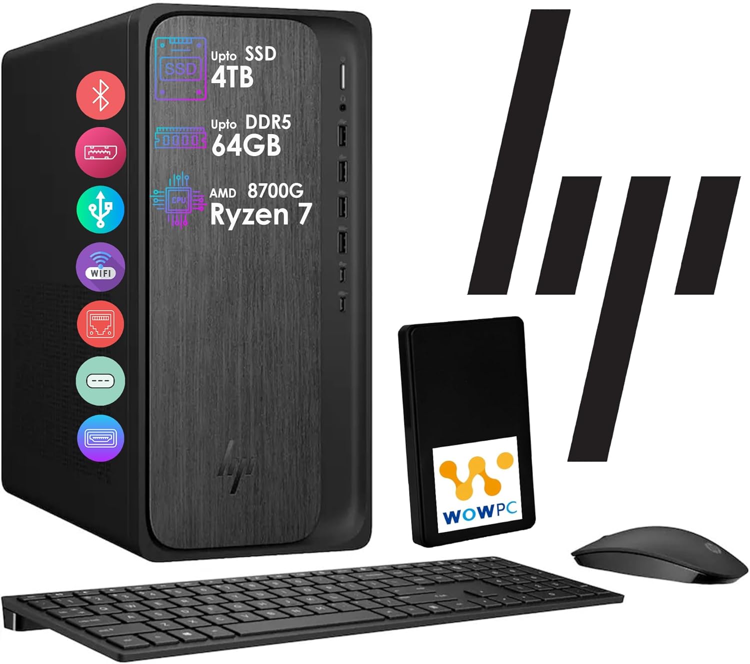HP OmniDesk AI PC Desktop, 16 NPU Tops, Ryzen 7-8700G CPU (5.1GHz), 16GB DDR5 RAM, 1TB Storage (512GB PCIe SSD & 512 External Drive), Wi-Fi 6, Dual Monitor Support, Windows 11, Wireless KB & Mouse
