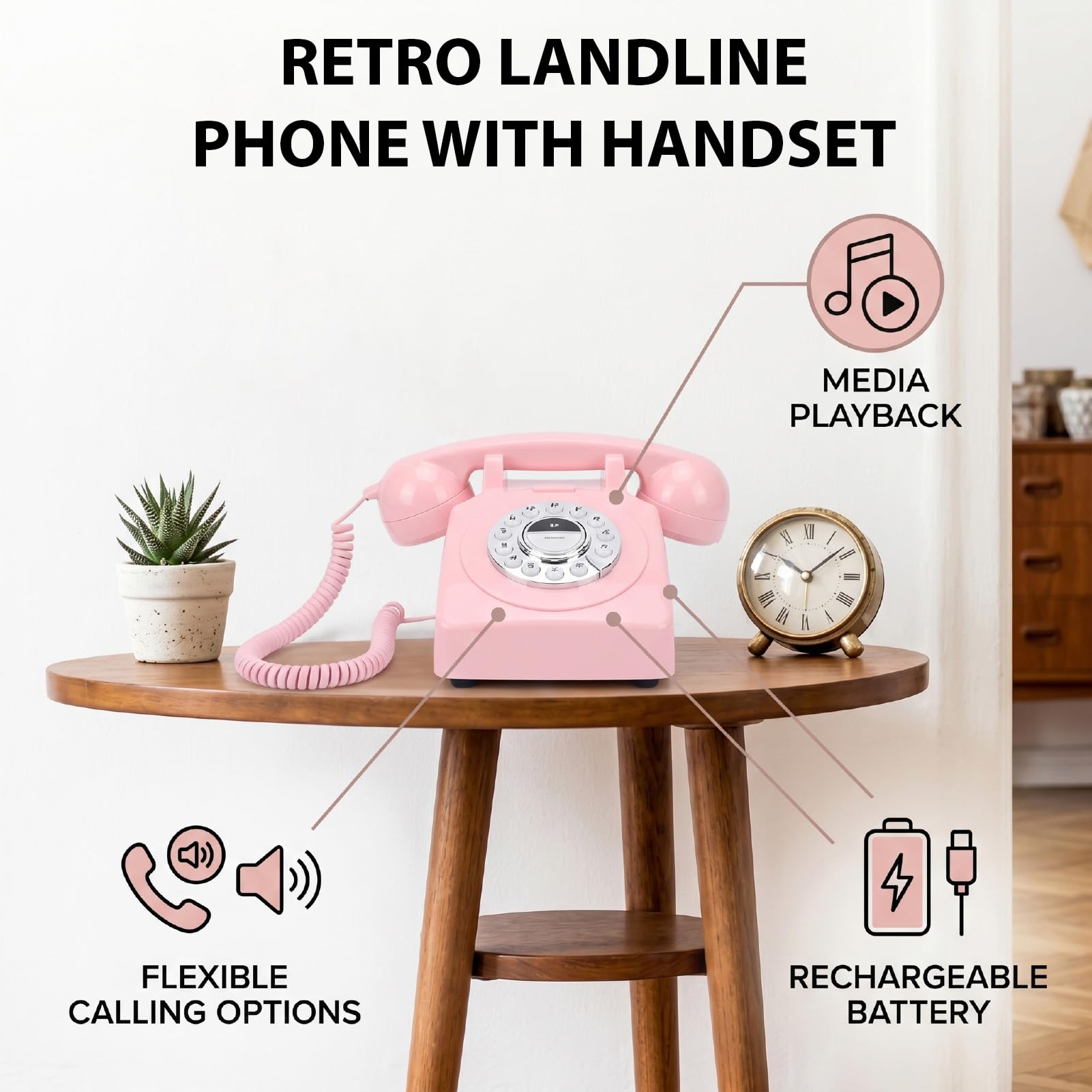 Yctze Téléphone Fixe Bluetooth Rétro, sans Fil Rechargeable (Pink)