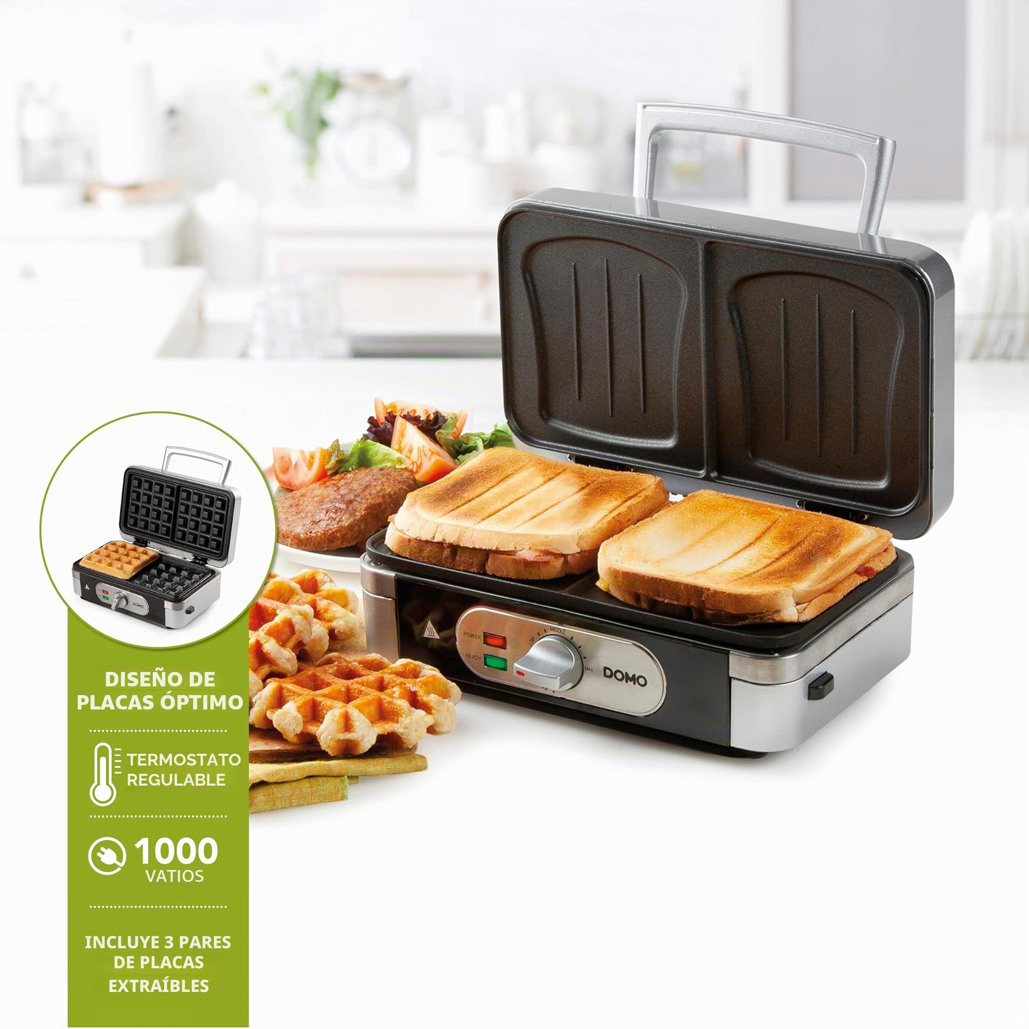 DOMO DO9136C - Sandwichera multifunción 3 en 1, plancha para gofres, parrilla de contacto, revestimiento antiadherente, acero inoxidable/negro