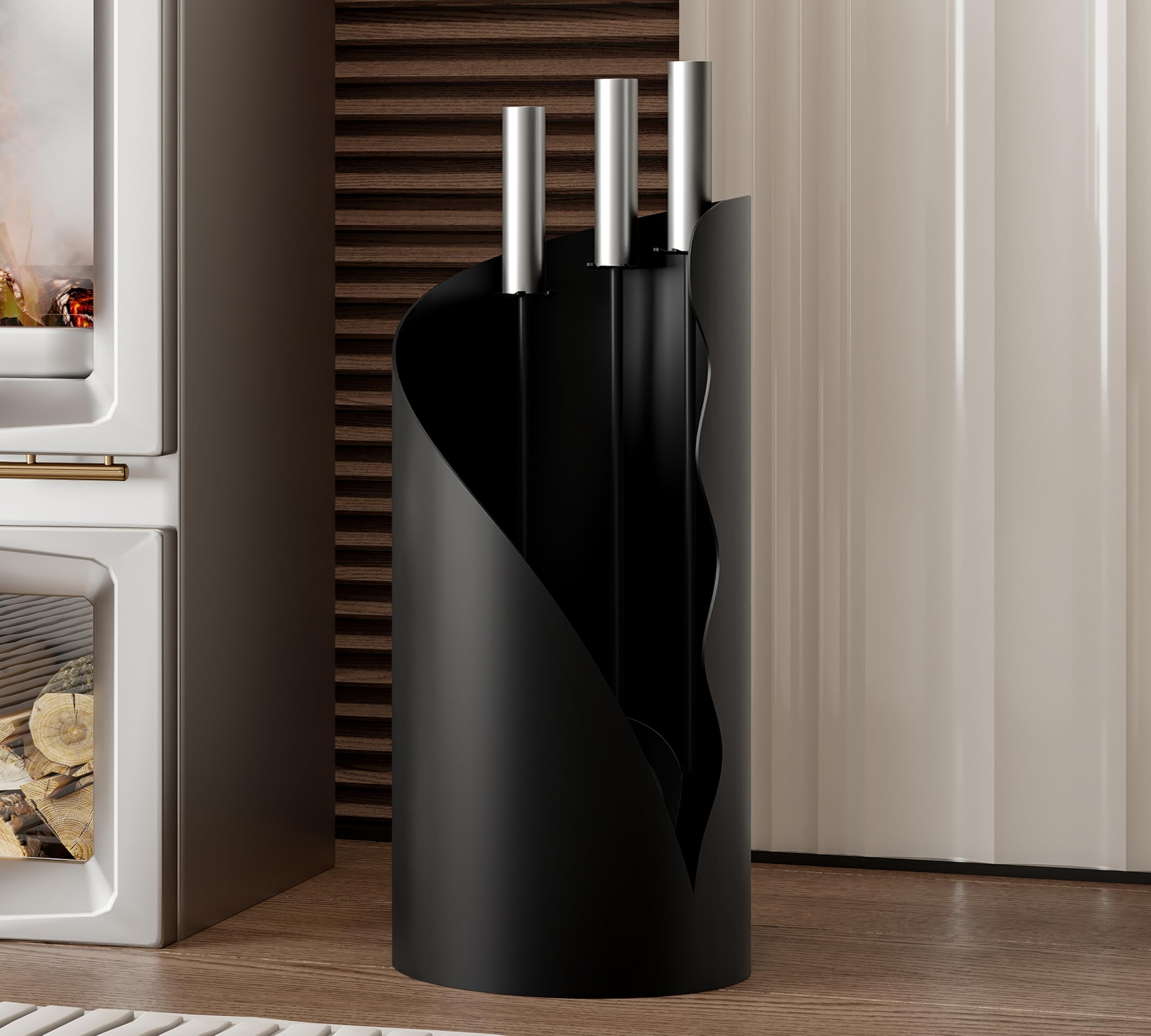 Kingson Juego de utensilios para chimenea de 3 piezas – Juego moderno de herramientas para chimenea con cepillo, pala y atizador – Soporte de pie redondo – 52,5 cm de altura – Mango de acero